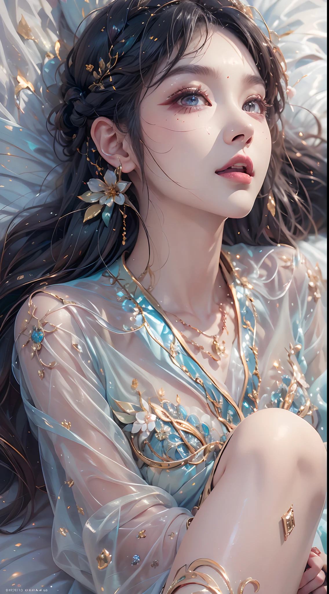 1girll,（enchanced quality：1.4），（Top quality true texture skin), Delicate face,Black hair, Gradient hair, Petite body,（perfect bodies：1.1）, There are precious stones on the forehead, rimless eyewears, Sparkling pupils，long eyelasher,grin, hyper photorealism, Cinematic lighting, projected inset, surrealism, hyper HD, Masterpiece, 16k，Lie down，dream on，Wear transparent silk pajamas,Carmelto,Legs slightly open，Tattooed with，Fantasy space，Luxurious space