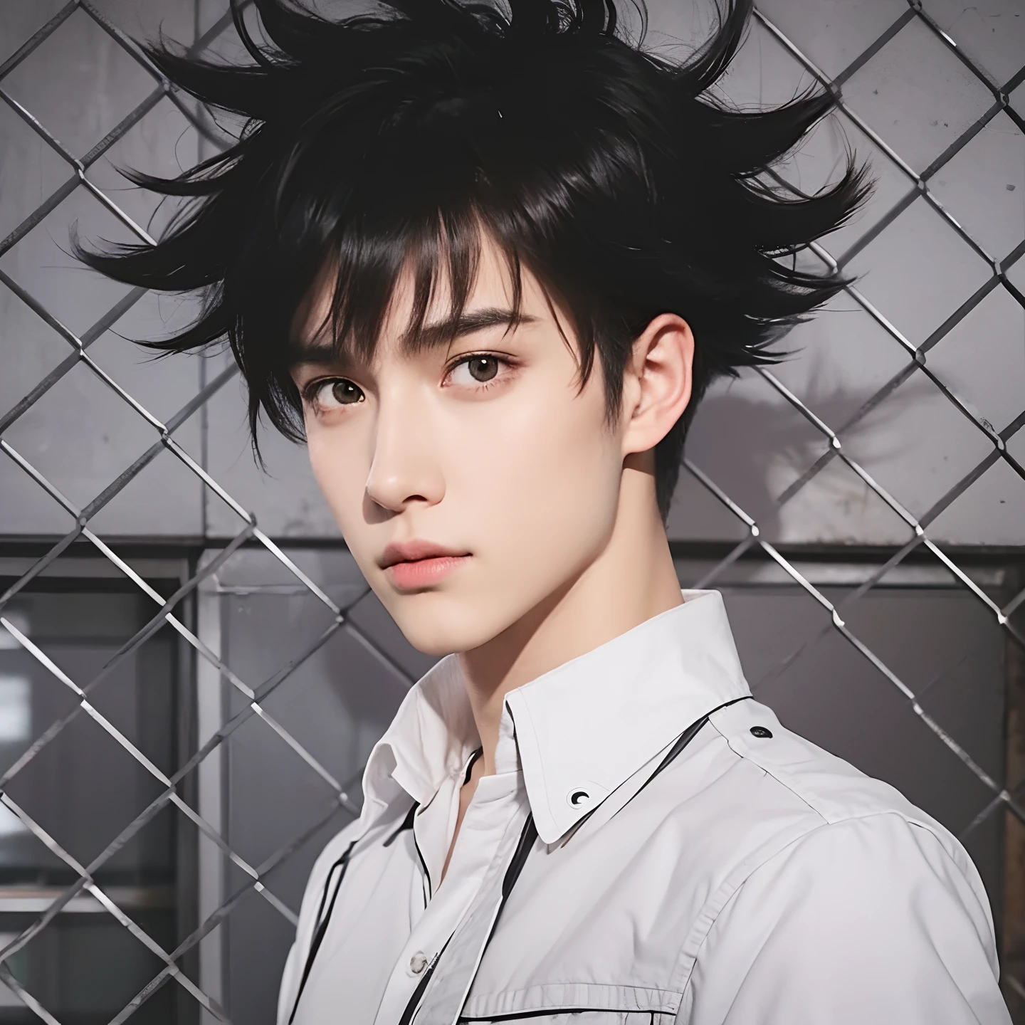 Real life adaption of this character, handsome face,realistic outfit,detailed eyes,realistic spiky black hair,realistic background,hyper realistic,realism,realistic light, realistic shadow,(photorealistic:1.2), looking to viewer