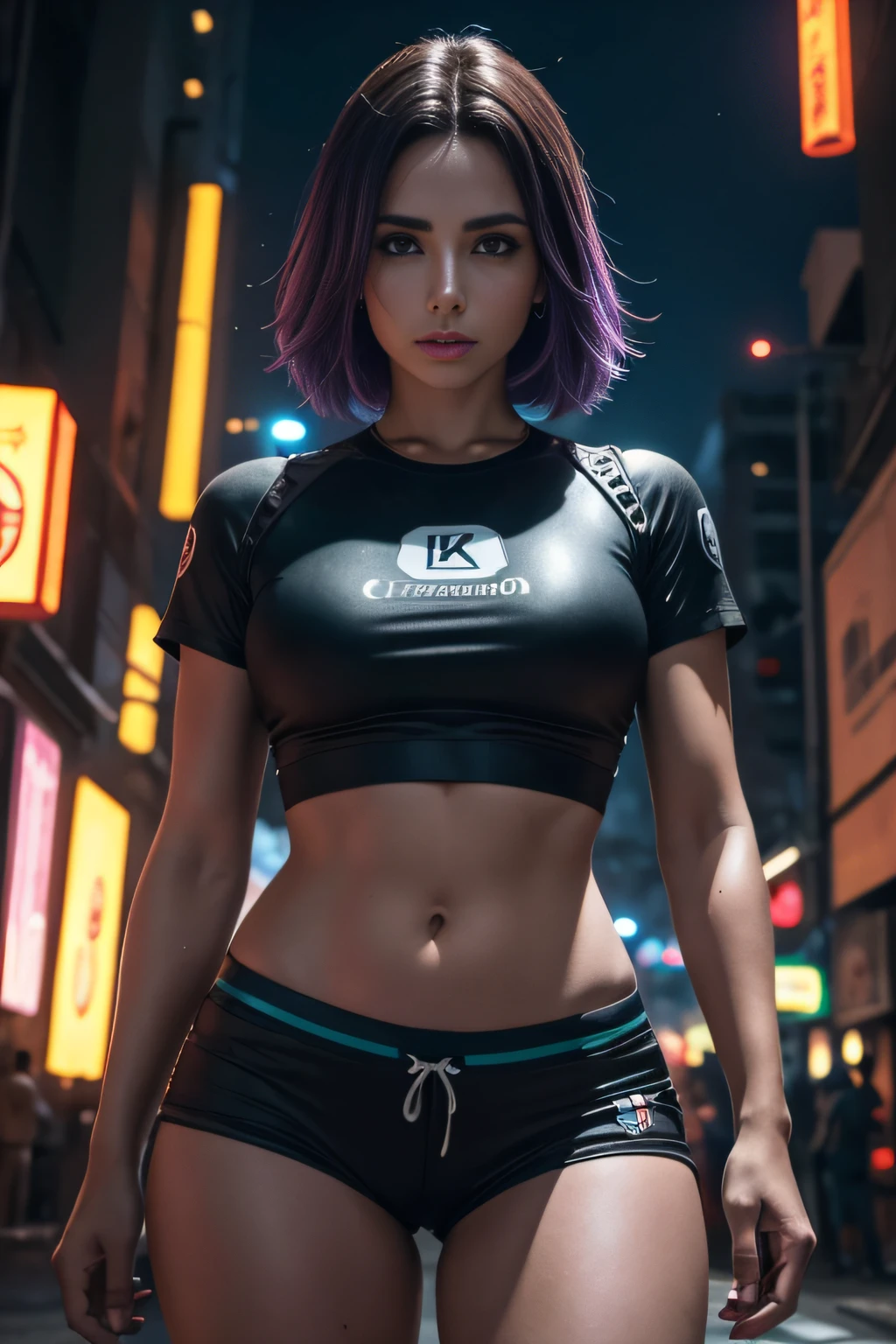 Mulher bonita com cabelo ondulado, olhos delicados e encantadores, entalhe da coxa, coxas grossas e sexy, cintura fina e marcada, tudo muito detalhada , camiseta em shorts pequenos, cyberpunk futurista bonito + cidade, mistborn, humid, chuva, obra-prima de melhor qualidade, realista, detalhado, 8k, HDR, profundidade de campo rasa, luz ampla, alto contraste, luz de fundo, flooding, flash, chromatic aberration, foco nítido, foto de cor RAW