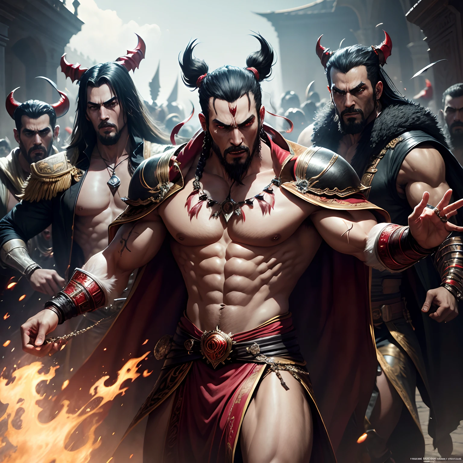 Tekken 8 style super detailed hyper realistic super detailed poses of moroccan Lord Dracula leading troops army of demons to battle War hyper realistic super detailed Dynamic shot master piece