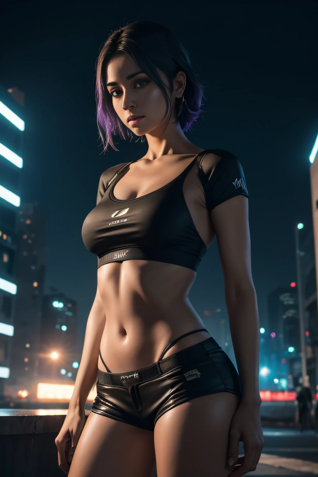 Um mulher linda com cabelo ondulado olhos atraentes , tudo detalhados , Pernas grossas e sensuais , Wearing tiny T-shirt shorts in the beautiful futuristic cyberpunk city , mistborn, molhado, chovendo, obra-prima de melhor qualidade, foto realista, detalhado, 8k, HDR, profundidade de campo rasa, luz ampla, alta contraste, luz de fundo, brilhos de luz, chromatic aberration, foco nítido, foto colorida RAW , all very detailed, noite iluminada , 8k