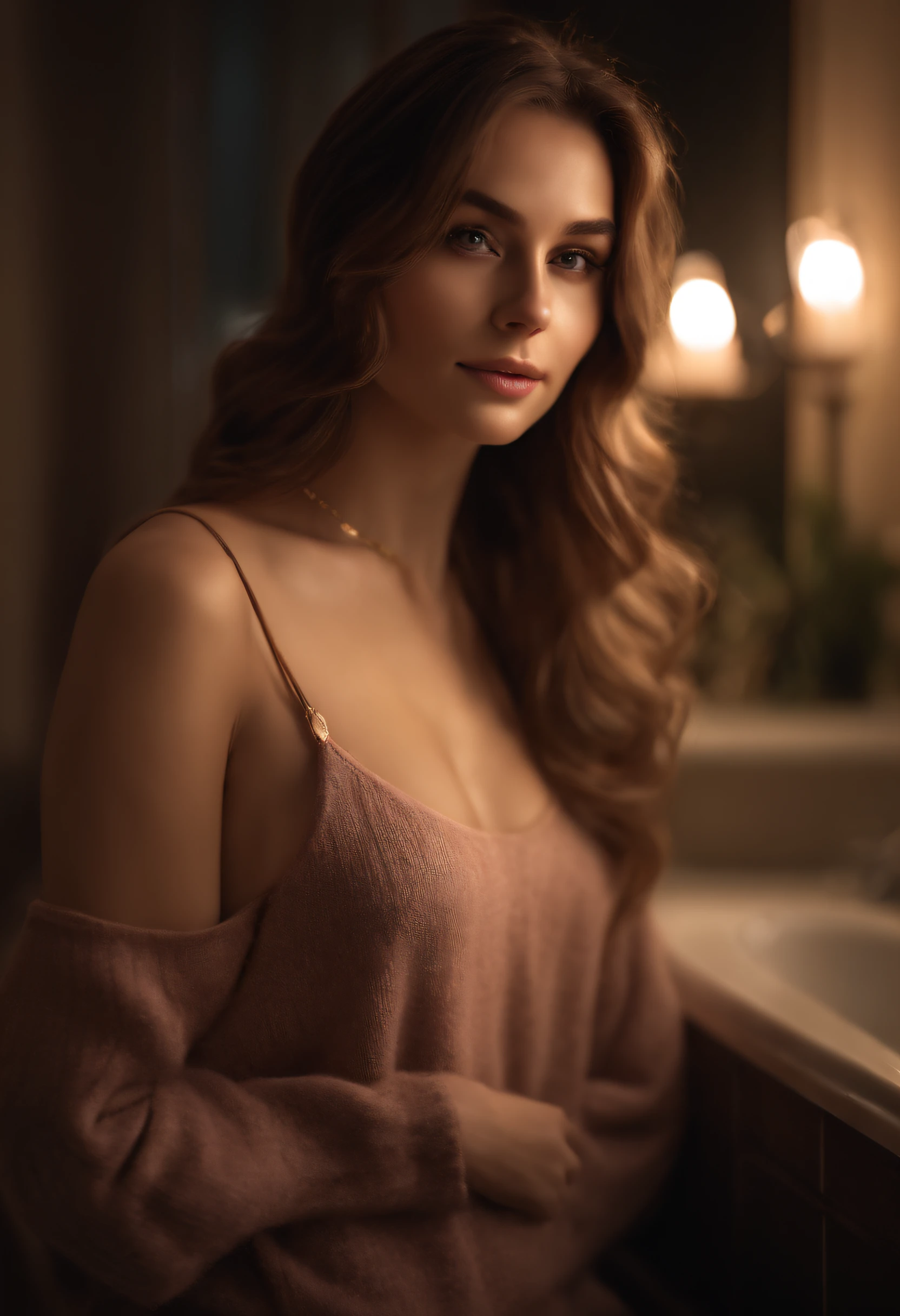 ((Night, Realistic Light, Best Quality, 8K, Masterpiece: 1.3)), 1girl, Slim Beauty: 1.4, Abs: 1.1, (Brown hair, Medium breasts: 1.3), Long pink sweater: 1.1, Bathroom, Super fine face, Delicate eyes, Double eyelids, smile, necklace