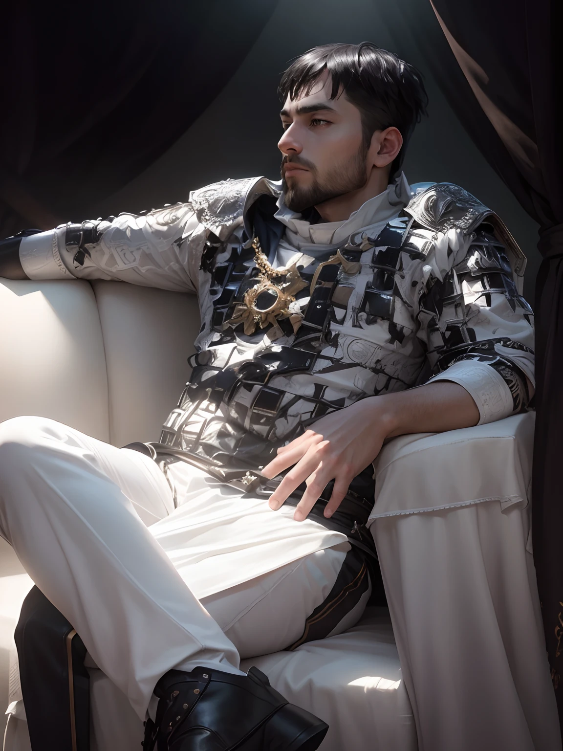 Change this background white kings Kingdom, ultra realistic graphics, 4k graphics, intelligent analysis on face, high quality picture, king sitting on butiful throne, change this coscum white kings coscum,black hair