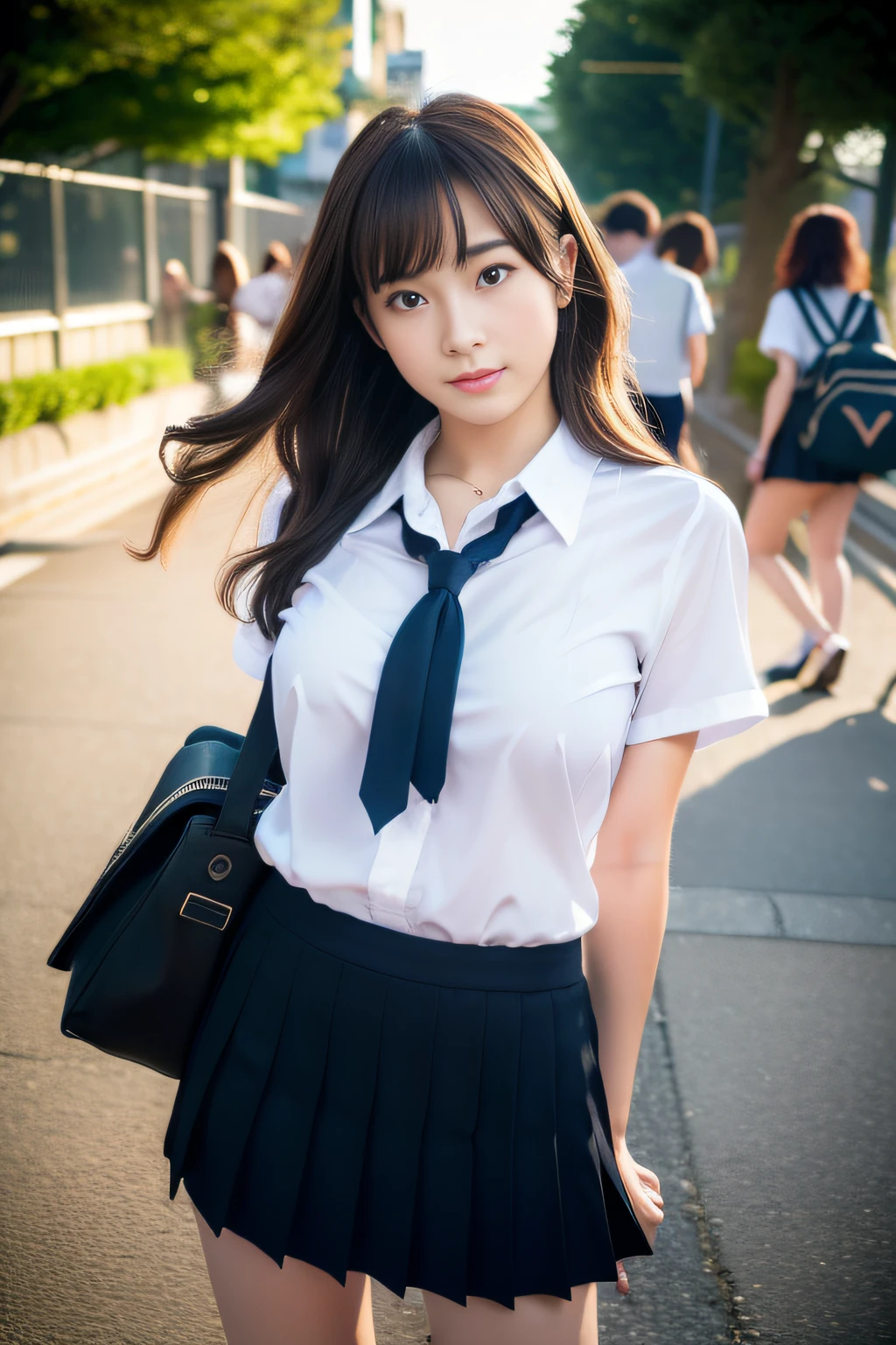 the Extremely Detailed CG Unity 8K Wallpapers、top-quality、ultra-detailliert、​masterpiece、realisitic、Photo Real、extremely detailed cute girl、18year old、(High school student in Japan uniform)、(((skirt lift by yourself)))、(Lifted by yourself)、panties on、panties focus、red blush、cparted lips、looking at the viewers、Semi-body shot、(Large crowds)、(Crowded lampposts)、(Shinjuku)