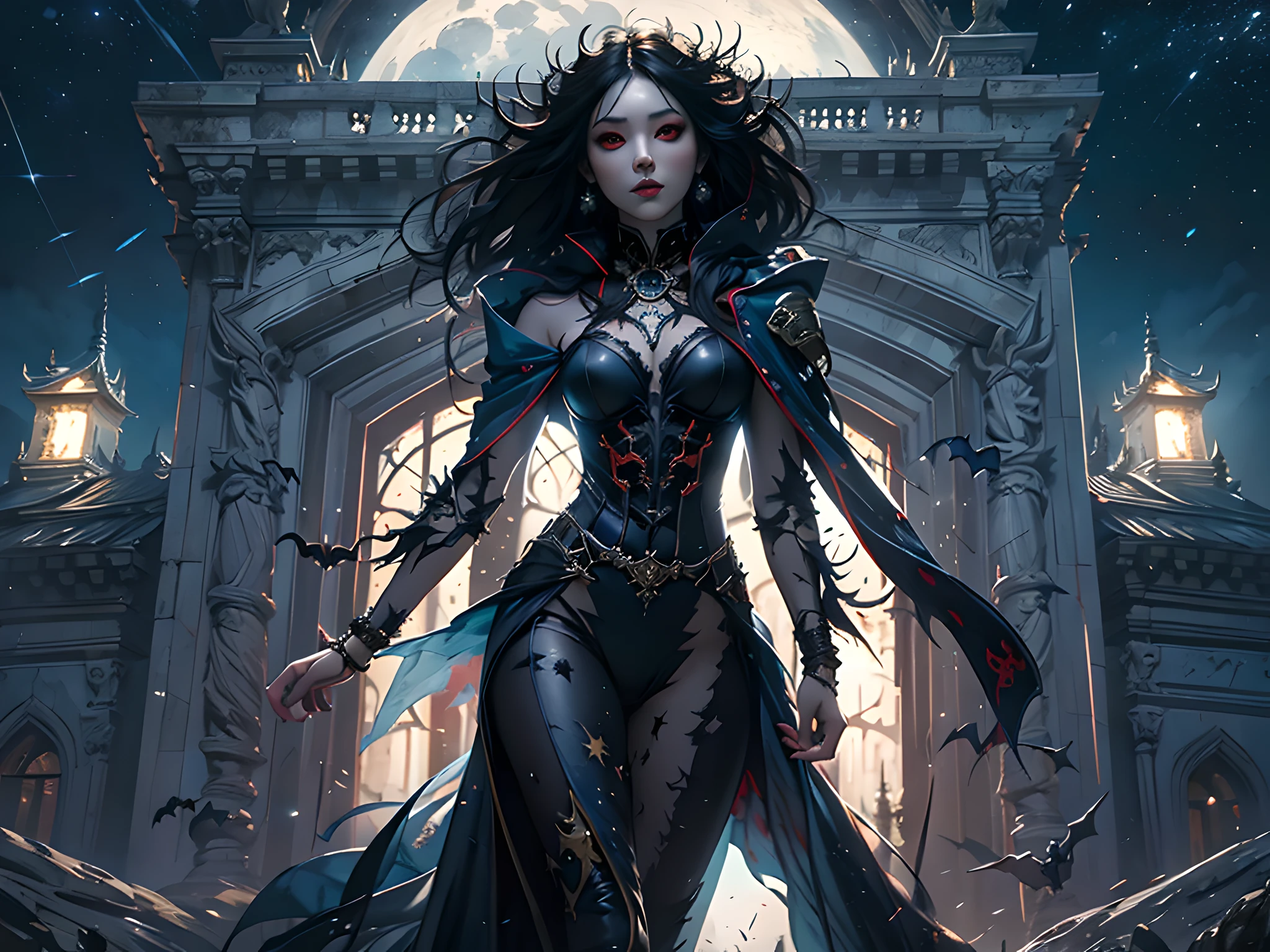 a picture of an exquisite beautiful female vampire standing under the starry night sky on the porch of her castle, dynamic angle (ultra detailed, Masterpiece, best quality), ultra detailed face (ultra detailed, Masterpiece, best quality), ultra feminine, black skin, black hair, wavy hair, dynamic eyes color, cold eyes, glowing eyes, intense eyes, dark red lips, [fangs], wearing white dress (ultra detailed, Masterpiece, best quality), wearing blue cloak (ultra detailed, Masterpiece, best quality), long cloak, flowing cloak (ultra detailed, Masterpiece, best quality), wearing high heeled boots, sky full of stars background, moon, bats flying about, high details, best quality, 8k, [ultra detailed], masterpiece, best quality, (ultra detailed), full body, ultra wide shot, photorealism, dark fantasy art, dark fantasy art, gothic art, many stars, dark fantasy art, gothic art, sense of dread,