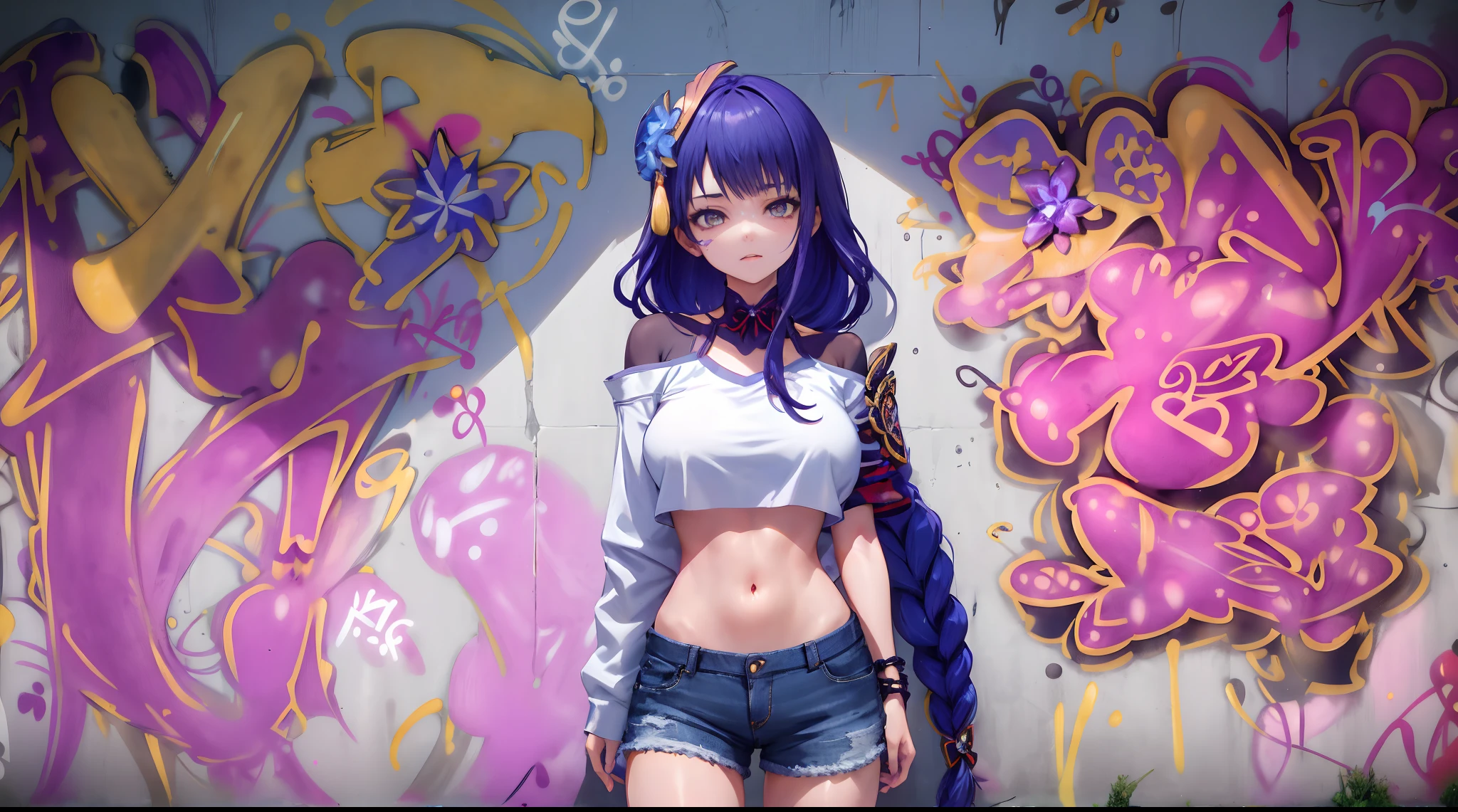 Kujou Sara Genshin Effect, masterpiece, bestquality, 1girls, bara, crop top, shorts jeans, choker, (Graffiti:1.5), color splashes, arm behind back, against wall, looking at the audience, bracelet, Thigh strap, Paint on the body................, Head tilt, bored, multicolored hair, water eyes, headset,