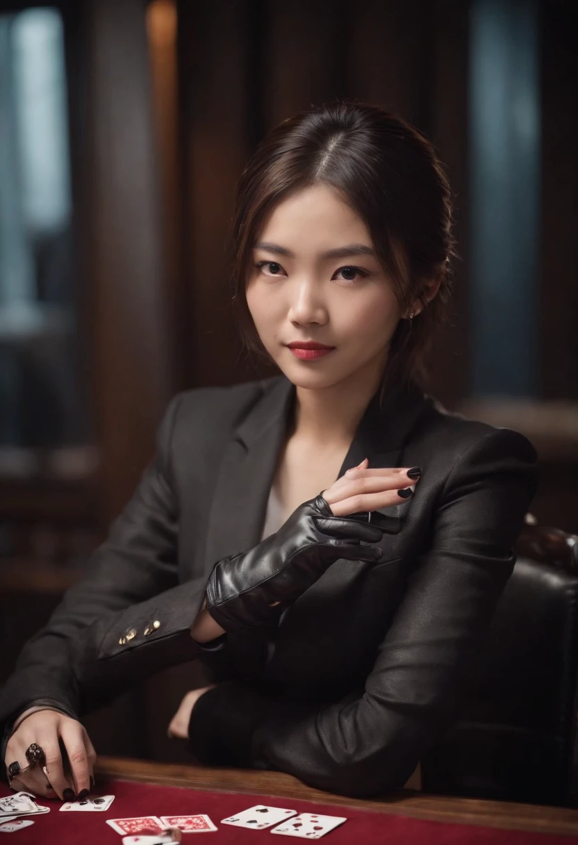 A young Japanese woman with a black suit up to a shirt and playing cards with black leather gloves on both hands