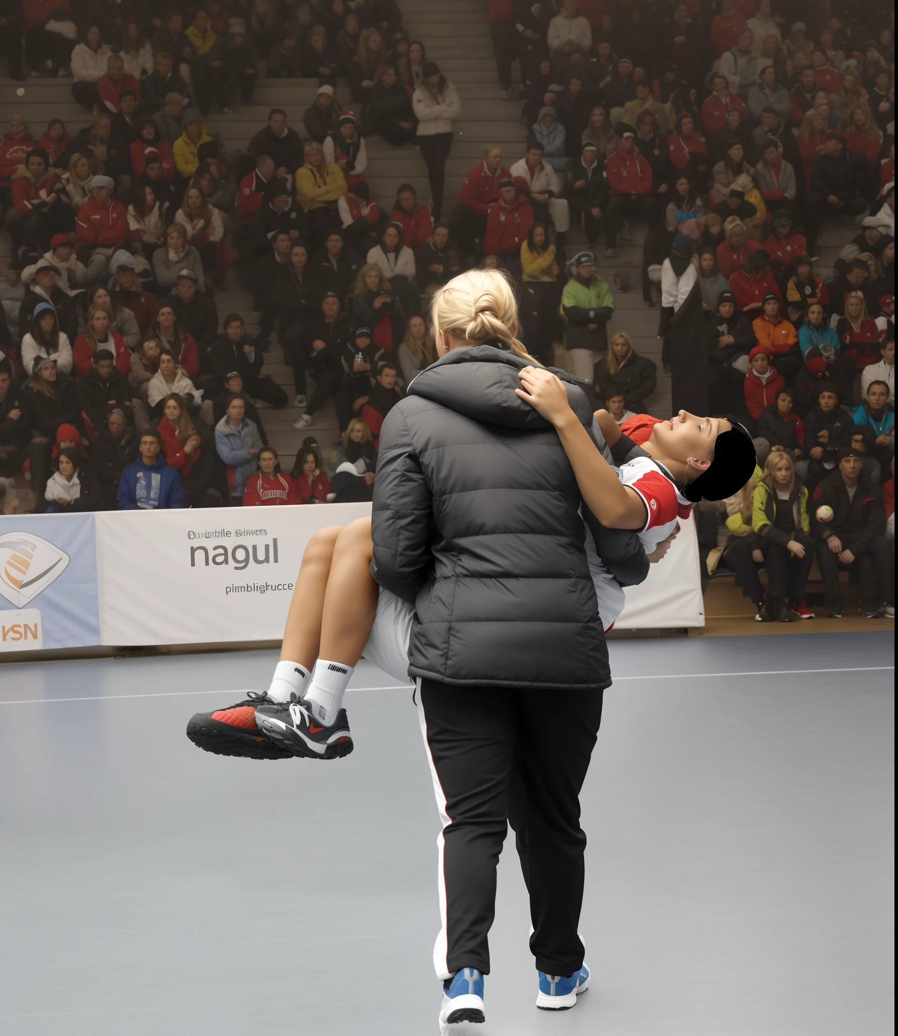 In the center of the picture stands with her back to us a blonde young woman in a very shiny black quilted coat, the woman in the black quilted coat stands on the playing field of a crowded sports hall, the woman in the shiny quilted coat turns her back to us and is holding a man in front of her in short and very dull sportswear in her arms, the blonde woman in the quilted coat carries an injured athlete away from us, to the left of the blonde woman's back you can see the athlete's male legs hanging over the woman's arm, to the right of the blonde woman's back you can see In profile you can see the upper body and head of the injured man whose gaze is distorted in pain and directed upwards towards the ceiling, the athlete's husband on the right grabs the blonde woman's shoulder with his arm, very painful scene, sports injury, severe pain, a woman is carrying one man on the arm, a man is injured and has to be carried, compassion, photo, ultra-realistic shot, sports photography