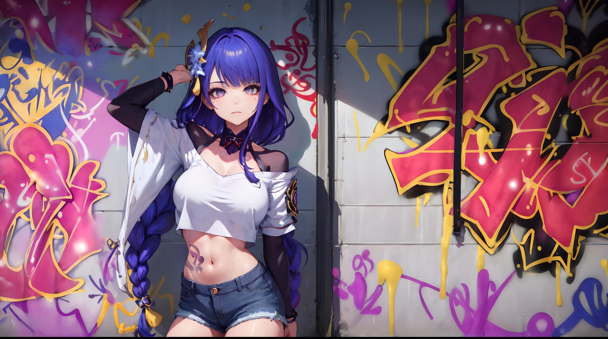 Kujou Sara Genshin Effect, masterpiece, bestquality, 1girls, bara, crop top, shorts jeans, choker, (Graffiti:1.5), color splashes, arm behind back, against wall, looking at the audience, bracelet, Thigh strap, Paint on the body................, Head tilt, bored, multicolored hair, water eyes, headset,