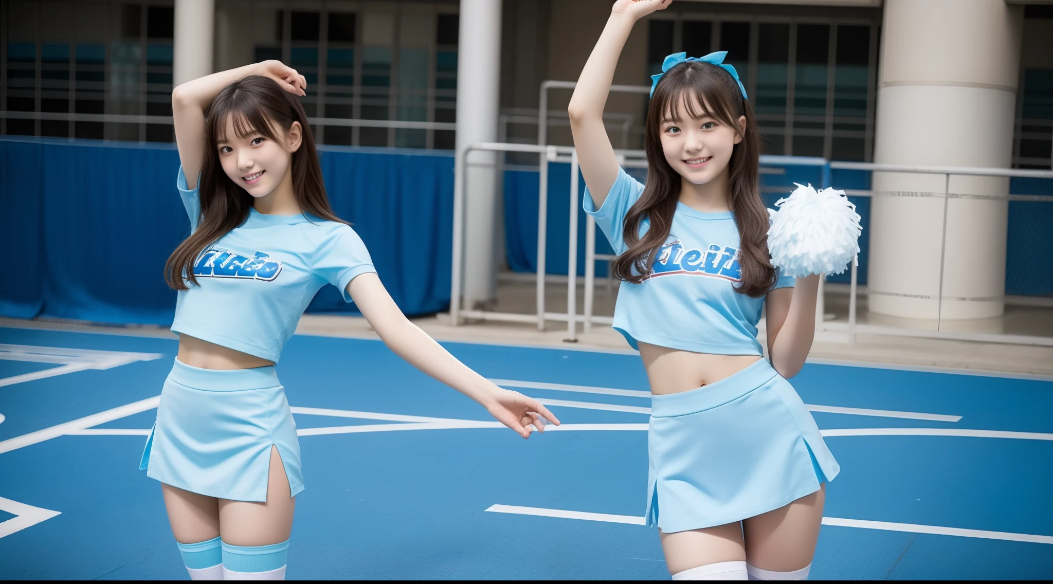 (ultra best quality、8K、masuter piece、delicate illustration、full body Esbian)、Two very cute Japan girls of about 10 years old、Infant body type, (Cheergirl 1.3)、huge smile、Cheergirls cheering cheerfully、baseball field