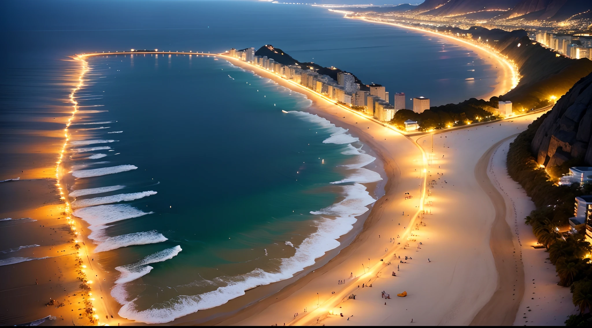 (4k, alta resolução), praia bonita, noite bela, escura com luzes brilhantes, refletir na areia, praia bela, praia de Copacana no Rio de Janeiro.