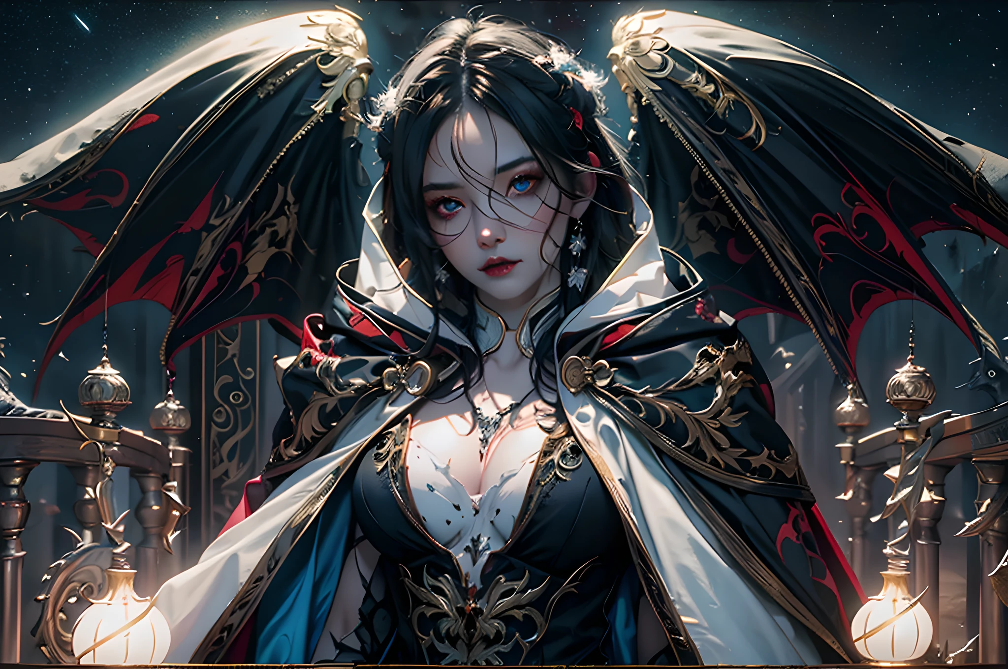 a picture of an exquisite beautiful female vampire standing under the starry night sky on the porch of her castle, dynamic angle (ultra detailed, Masterpiece, best quality), ultra detailed face (ultra detailed, Masterpiece, best quality), ultra feminine, (dark skin: 1.3), black hair, wavy hair, dynamic eyes color, cold eyes, glowing eyes, intense eyes, dark red lips, [fangs], wearing white dress (ultra detailed, Masterpiece, best quality), wearing blue cloak (ultra detailed, Masterpiece, best quality), long cloak, flowing cloak (ultra detailed, Masterpiece, best quality), wearing high heeled boots, sky full of stars background, moon, bats flying about, high details, best quality, 8k, [ultra detailed], masterpiece, best quality, (ultra detailed), full body, ultra wide shot, photorealism, dark fantasy art, dark fantasy art, gothic art, many stars, dark fantasy art, gothic art, sense of dread,