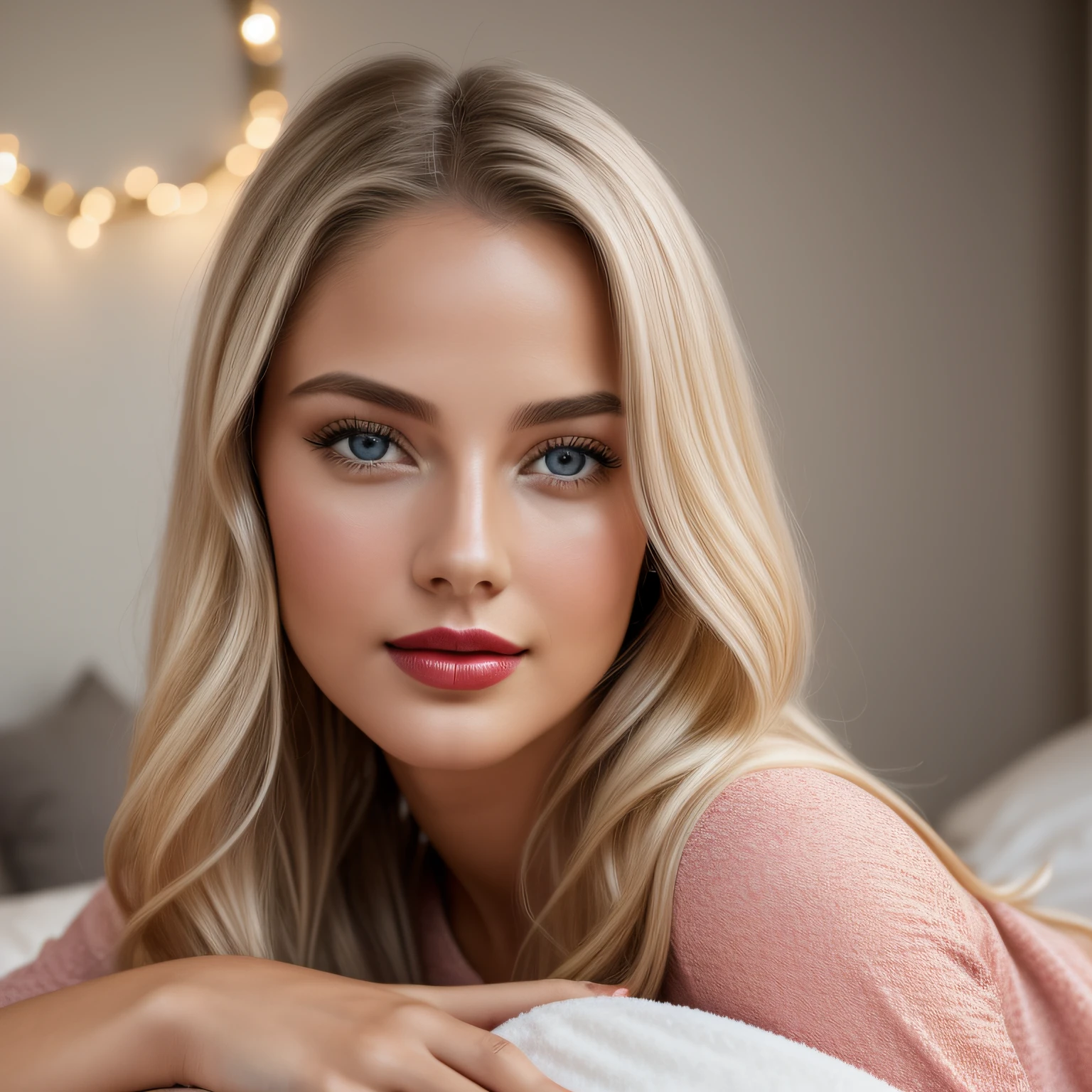 A cinematic-style image of a woman reclining on the bed, with a softly blurred background creating a bokeh effect. She has voluminous blonde hair, bright blue eyes, and a seductive smile. Wearing glamorous, exotic lingerie.