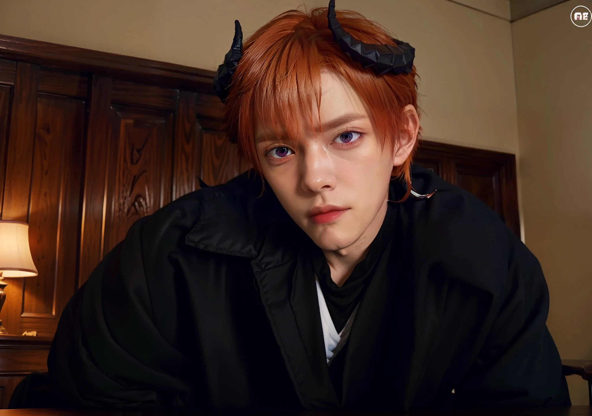 masterpiece, best quality, 1Man, black jacket, purple eyes, orange hair, ombeelzebub, horns,