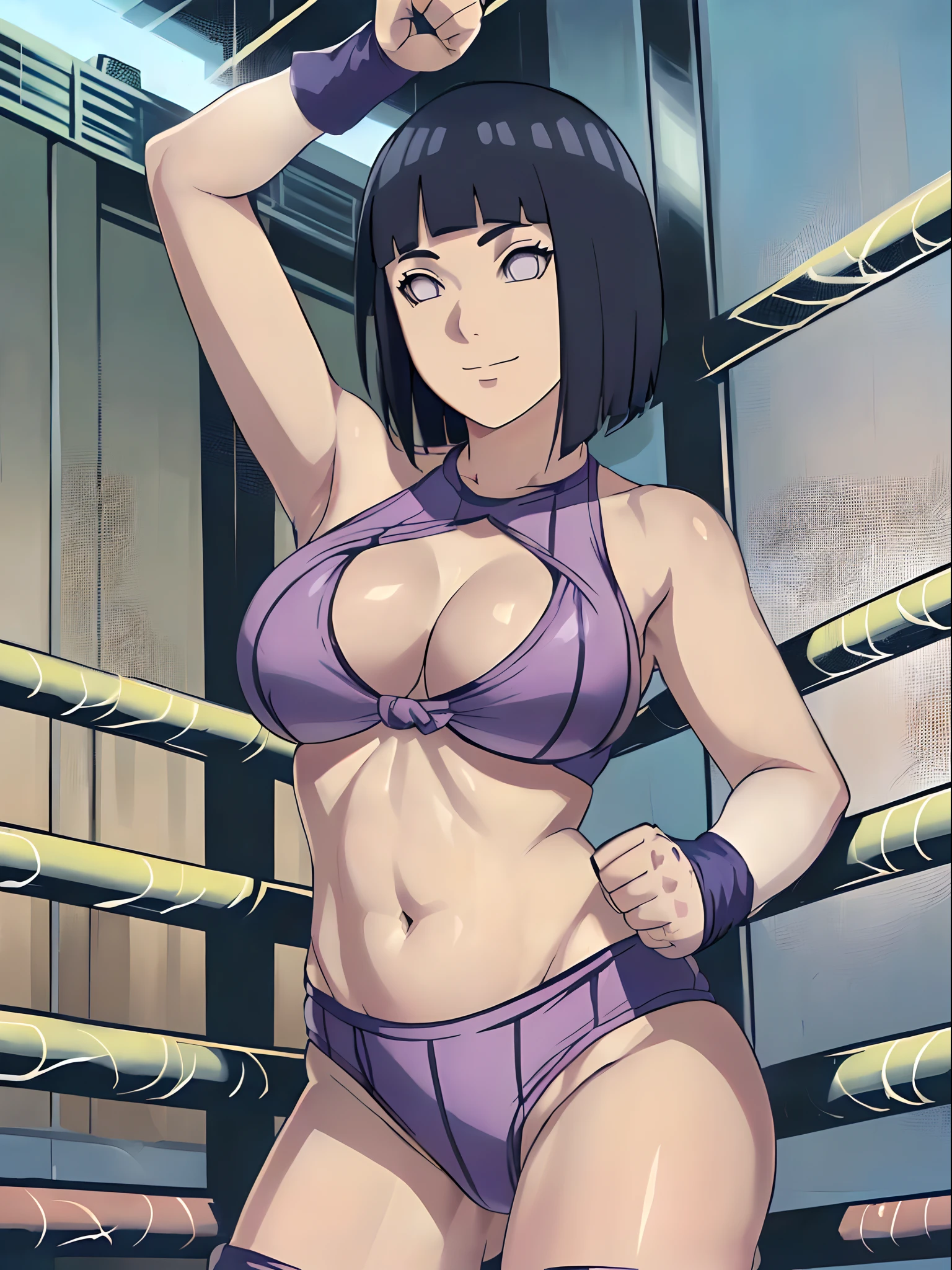 anime style, wrestling ground, (hinata\(boruto\), (female wrestler), (slender body), mature woman, milf, (bikini, pro wrestling gear) victorious, gorgeous, winner, kind face, smile, closed mouth, pale skin, (dark blue hair color:1.1), wavy hair, ((short hair, hime cut), big breasts, (only one arm stretching), long belly, closed fists