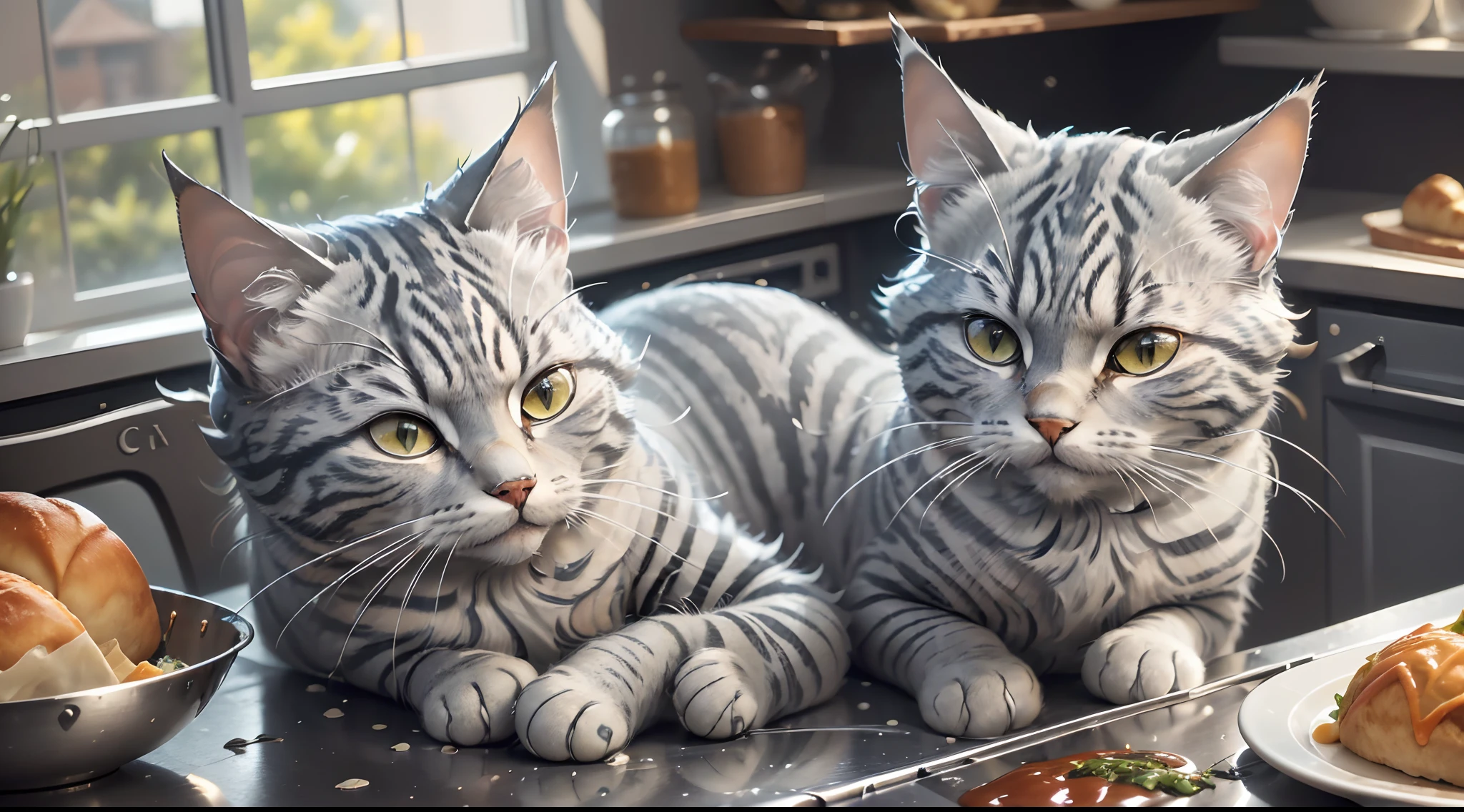 Close-up photos of (A gray tabby cat is preparing food on the table:1.2), (c4ttitude:1.3), In Glasstech Kitchen, Hyperrealistic intricate detail, (Ambiguous:1.1), Baisho's Perspective