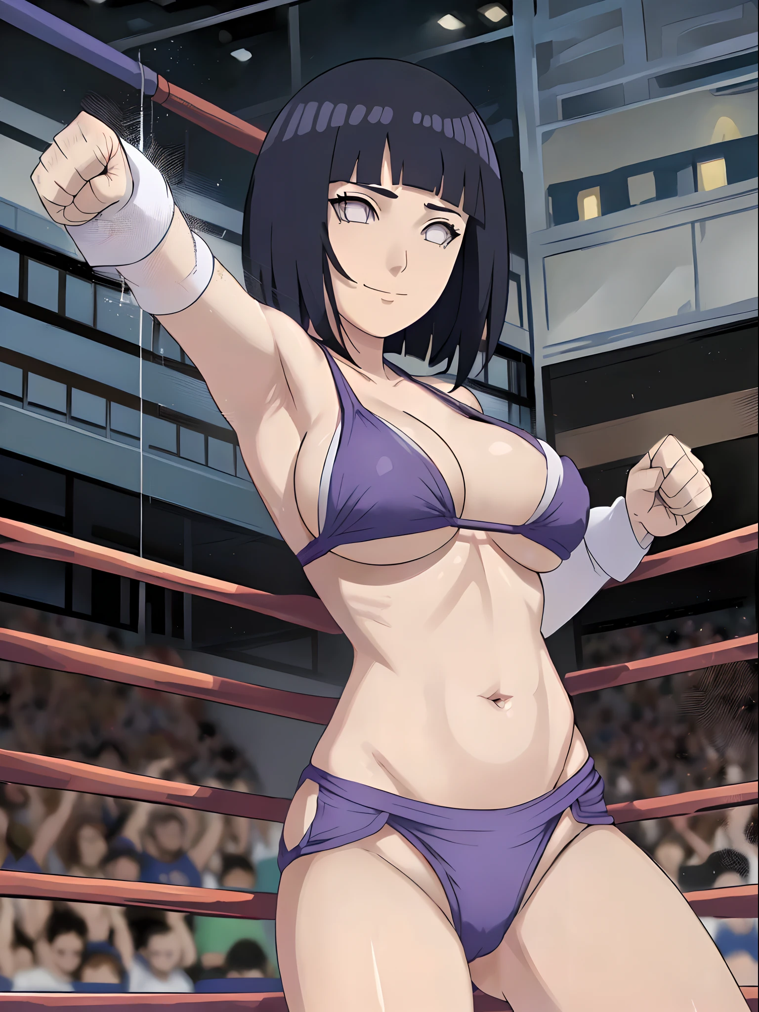 anime style, wrestling ground, (hinata\(boruto\), (female wrestler), (slender body), mature woman, milf, (bikini, pro wrestling gear) victorious, gorgeous, winner, kind face, smile, closed mouth, pale skin, (dark blue hair color:1.1), wavy hair, ((short hair, hime cut), big breasts, (only one arm stretching), long belly, closed fists