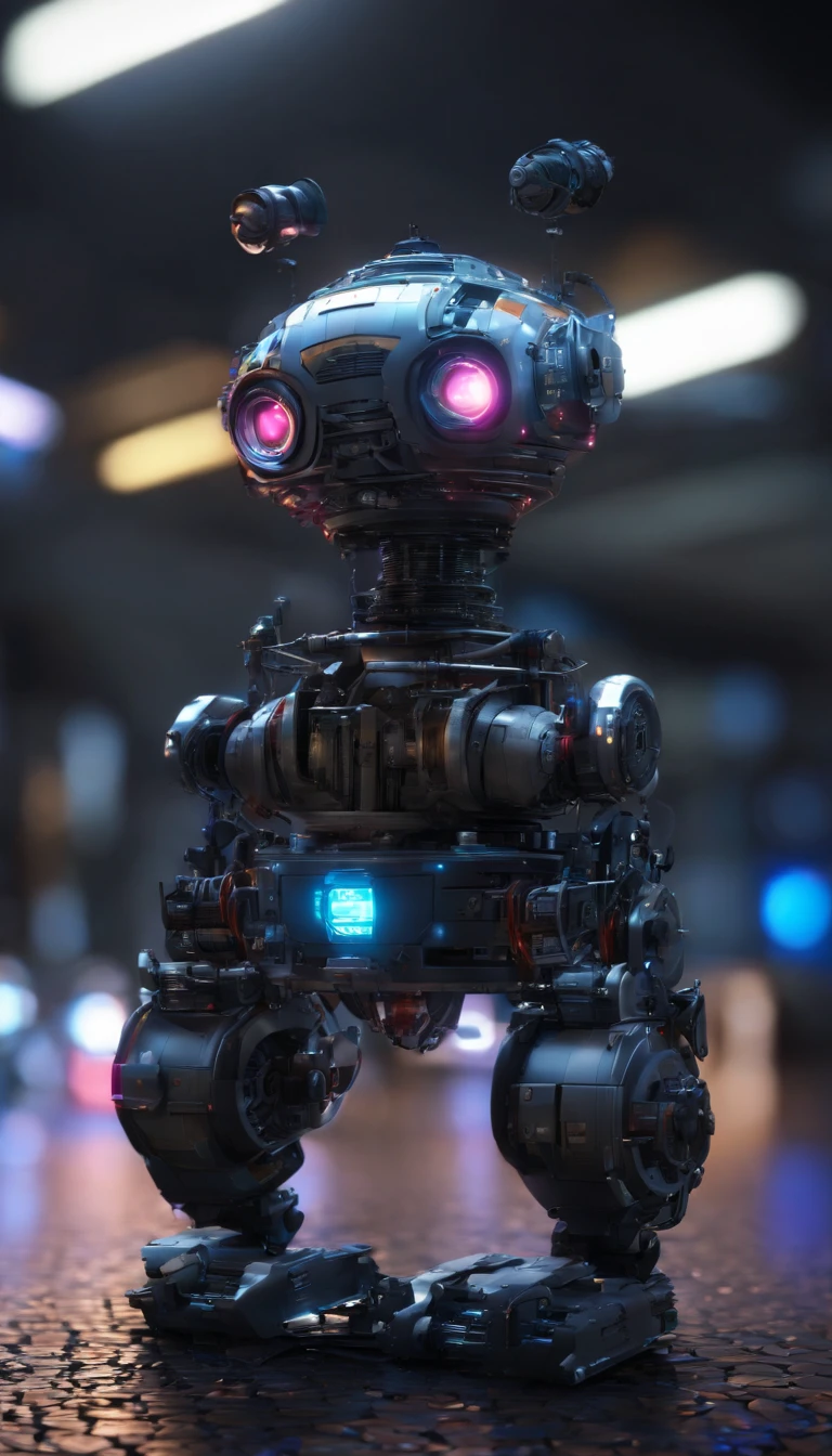 Wall-E style babysitter ,(masterpiece,extreme detailed,top quality),Combat posture,majestic-looking,Forward stance,Stunning colors,Set in a futuristic cyberpunk style city,the street,crowd of,(Movie lighting),(light and shadow effect),(unreal-engine),(Tyndall),(cinema4d),(Super futuristic fantasy style),(8k wallpaper),(tmasterpiece),(Photography Award),realisticlying