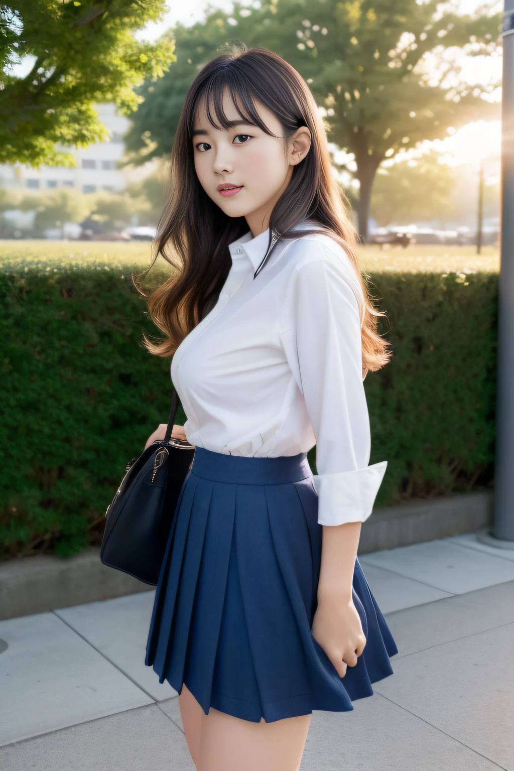 (Raw foto、masterpiece、top-quality、Hi-Res)、Cute Japan person、Dancing Heroine、Naughty Dance、be shy、Shyness、18year old、One Woman、attractive bodies、Colossal tits:1.4、Long wavy hair、High School School Uniform、thighs thighs thighs thighs、open-shirt、Tight shirt、Sheer shirt、serafuku、Very short skirt、School bag、lowfers、pavement、A city scape、Fluttering skirt、Fluttering hair、embarrassed from、(perfect anatomia、Beautiful limbs、Healthy body,Beautiful skin)、early evening、sunset glow、Professional、