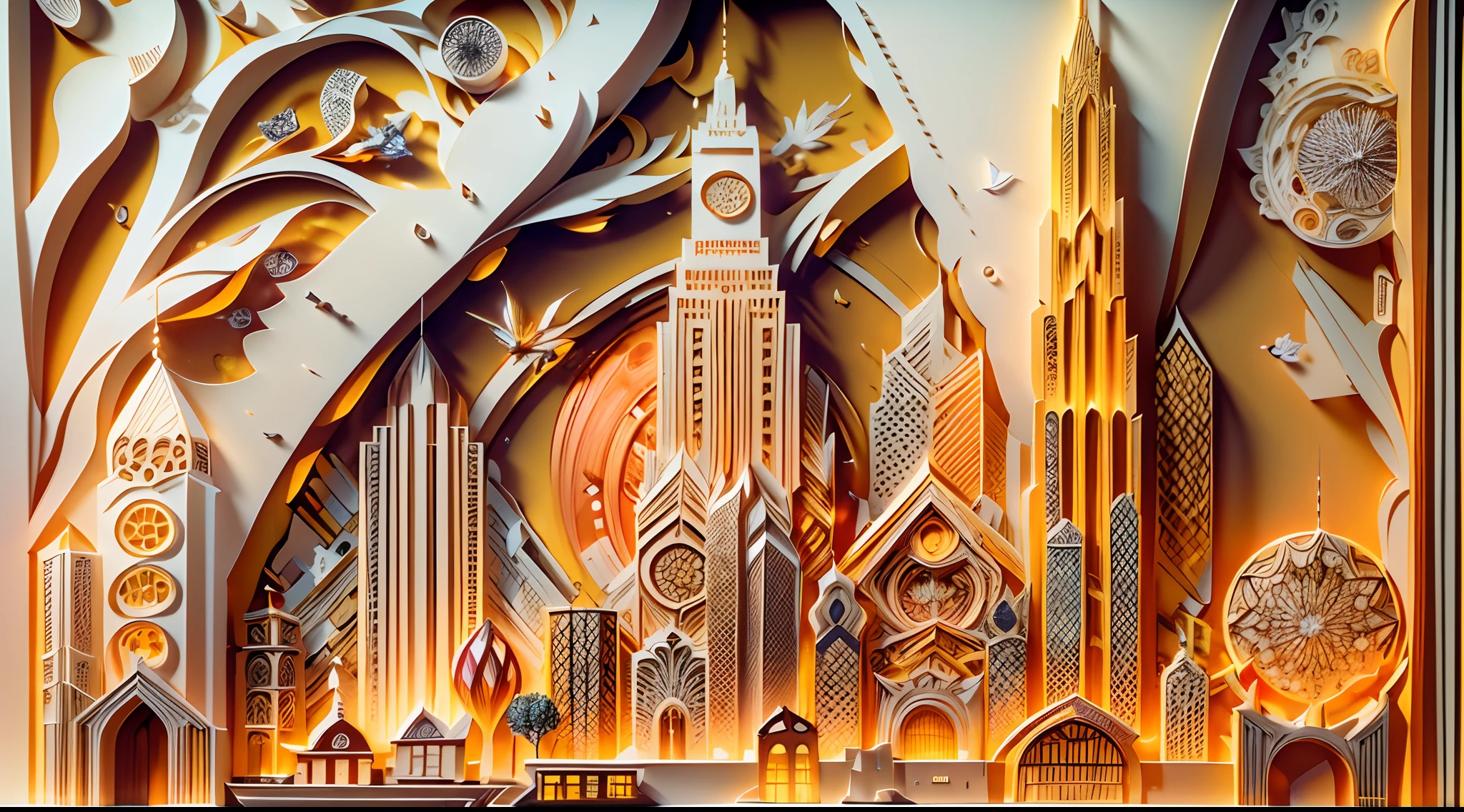 A dynamic city skyline at sunset, with skyscrapers made entirely of intricately cut paper, the warm hues of the setting sun casting intricate paper-cut shadows, an awe-inspiring display of paper artistry, Paper-cut art, meticulous cutting techniques and detailed paper layering,