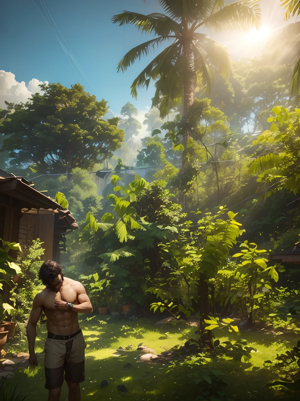 A man standing shirtless, greenery in background, trees, plants, beautiful sky, sunlight, hyper realistic, 8k