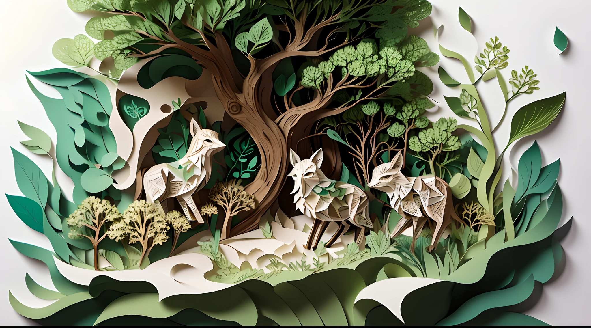 An enchanting forest scene, where every tree, leaf, and woodland creature is meticulously crafted from paper, dappled sunlight revealing the delicate layers and textures of this paper world, Paper-cut art, precision cutting to create lifelike organic forms