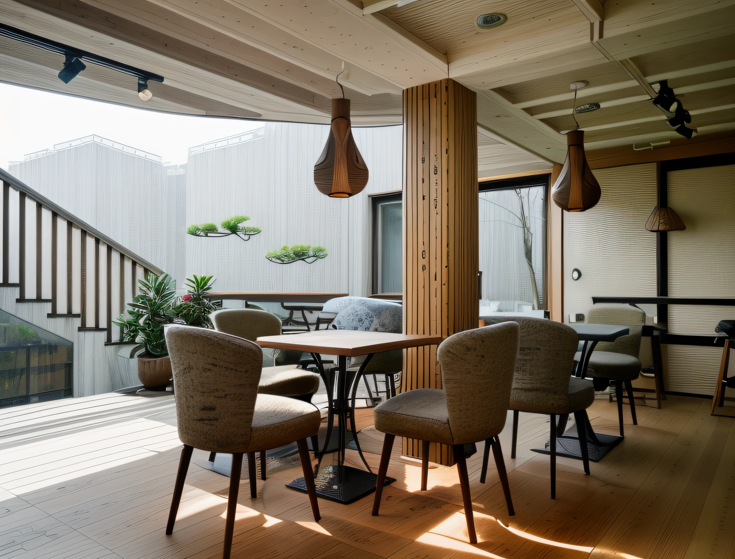 exterior design、Crazy detailed wide-angle building photos、cozy contemporary living room、(Bright warm sunshine 1:0.1)、award-winning contemporary interior design、Landscapes、DL、a chair、in a house、wooden floor、window、dining room、east asian east asian architecture、Sliding paper doors、lamp lights、buliding、the woods、naturey、Cups、A plant、exterior design、Insert lights and shadows、depth of fields、low illuminance