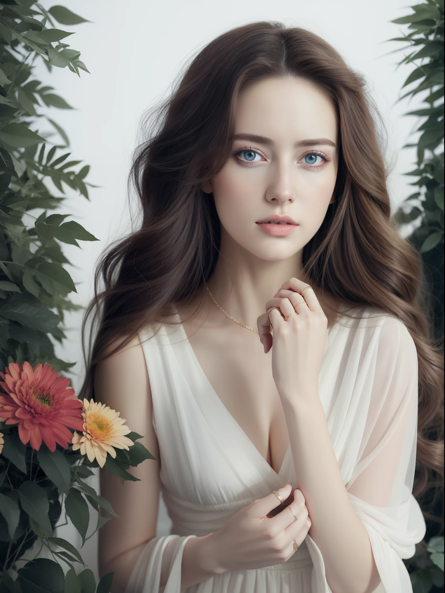 Give flowers, That woman......, Sit on a shelf....., floral, Long fabric for dressing, Magalie Villeneuve's clear face, Magali Villeneuve', Inspired by Magali Villeneuve, Graphic artist Magali Villeneuve, Magali Villeneuve and Monet, Charlie Bowater and Artgeem, Charlie Bower and Tom Bagshaw, Darius Zawadzki and Tom Bagshaw