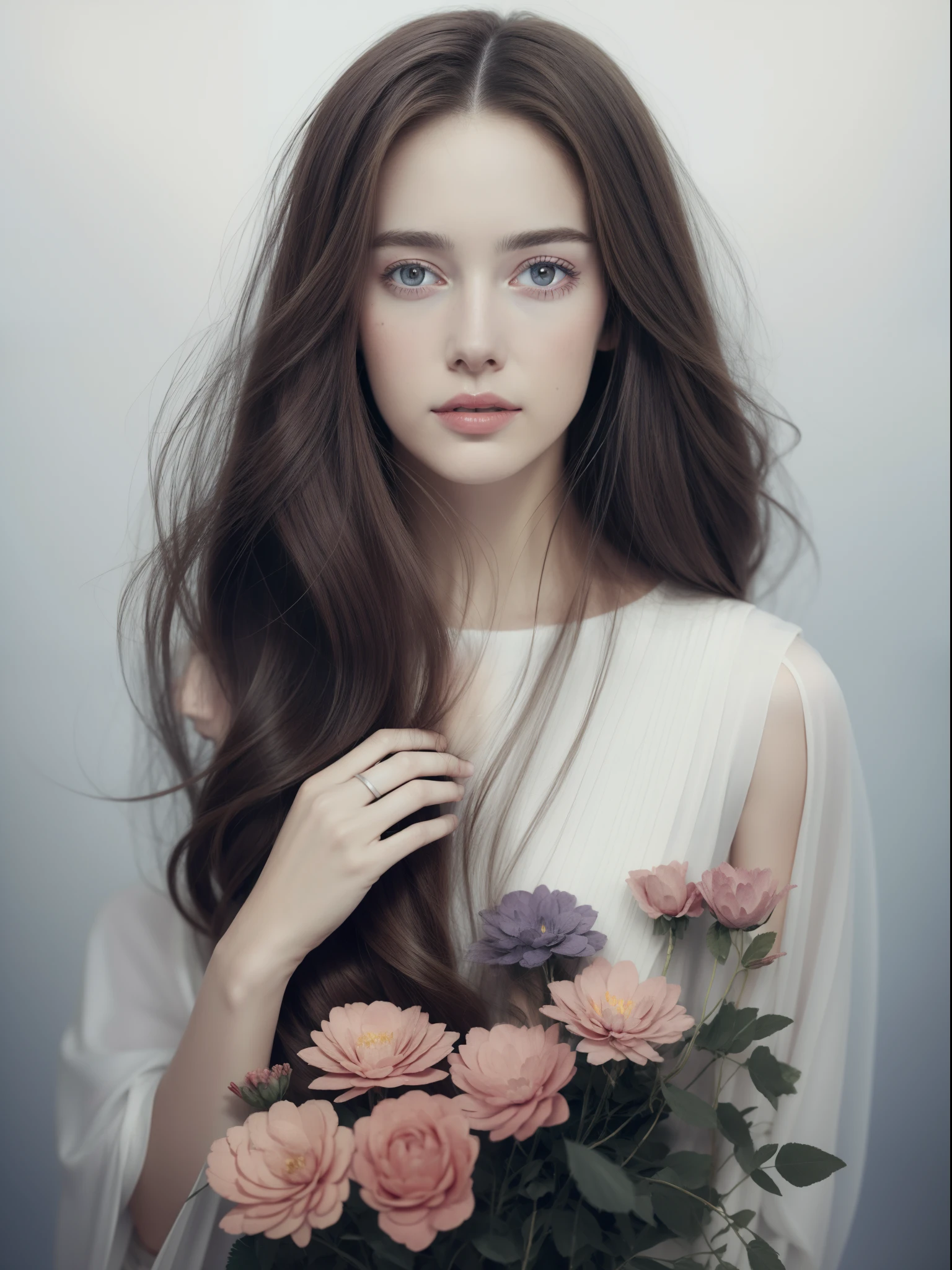 Give flowers, That woman......, Sit on a shelf....., floral, Long fabric for dressing, Magalie Villeneuve's clear face, Magali Villeneuve', Inspired by Magali Villeneuve, Graphic artist Magali Villeneuve, Magali Villeneuve and Monet, Charlie Bowater and Artgeem, Charlie Bower and Tom Bagshaw, Darius Zawadzki and Tom Bagshaw