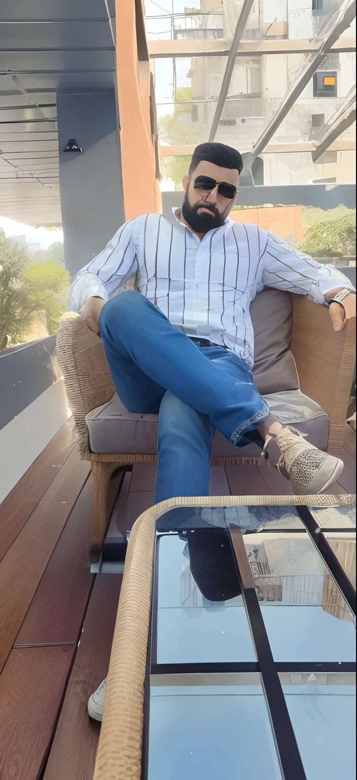there is a man sitting on a couch on a patio, sitting down casually, at the terrace, sitting on a table, sitting in a lounge, sits on a rooftop, mohamed chahin style, full body photogenic shot, sitting on a chair, taken with sony a7r camera, shot with sigma f / 4. 2, shot with sigma f/ 4.2