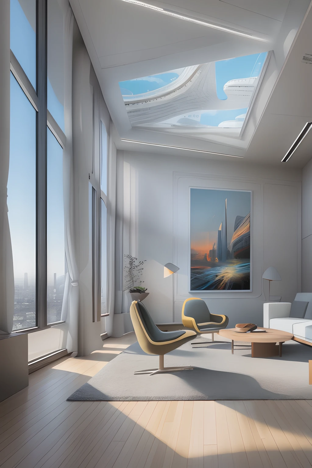 liveroom,There is a wall in the middle of the living room,The painting on the wall is in the middle, Paintings on the walls, skyscape, Large airy windows, Zaha Hadid and Santiago Calatrava landscape panoramic style, Fish, Clear light, Edge lighting, Perfect image, Building summary style, 16k UE5. superfine, 8K, hdr, Product photography, Depth of field, Nikon D850, Ultra-realistic, no contrast, clean sharp focus, professional, No blurring