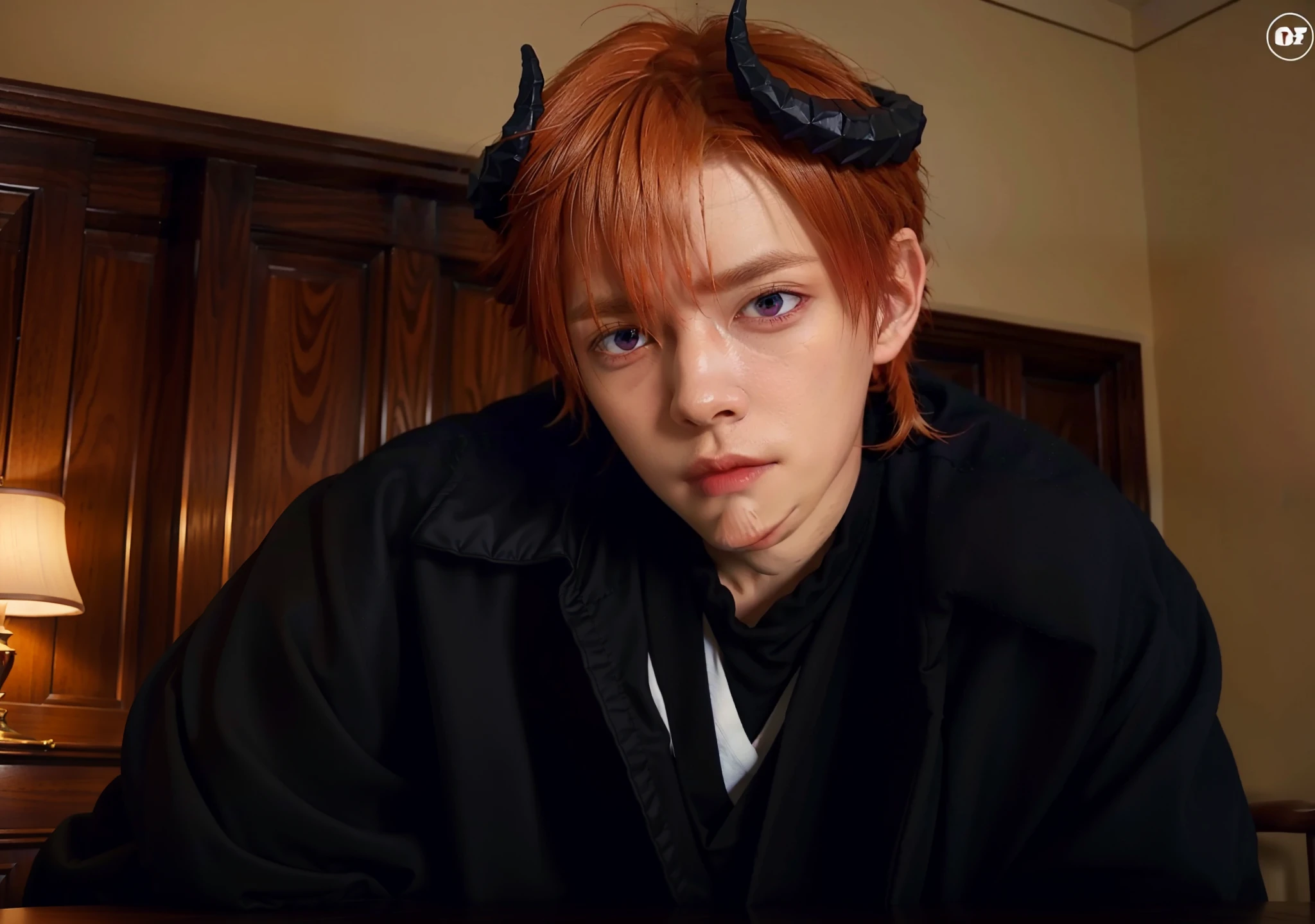 masterpiece, best quality, 1Man, black jacket, purple eyes, orange hair, ombeelzebub, horns,