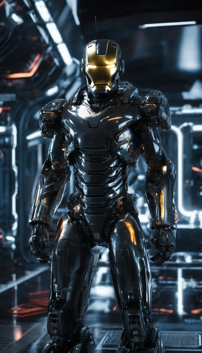 Iron man style babysitter ，(masterpiece,extreme detailed,top quality)，majestic-looking，Forward stance，Stunning colors，Set in a futuristic cyberpunk style city，the street，crowd of，（Movie lighting），（light and shadow effect），（unreal-engine），（Tyndall），（cinema4d），（Super futuristic fantasy style），（8k wallpaper），（tmasterpiece），（Photography Award），realisticlying