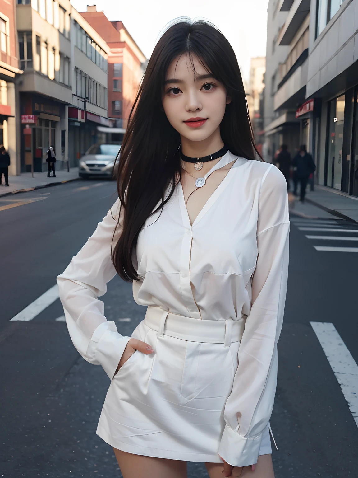 best qualtiy,tmasterpiece,超高分辨率,(真实感:1.4),RAW photogr,1girll,long whitr hair,Face Highlighting,Pure,Girly,Flushing,18yr old,18-year-old smiling female classmate,Pure,Innocent,(best qualtiy,8K,tmasterpiece:1.3),Goose egg face,largeeyes,long eyelasher,Exquisite(live-action realistic style),Star-like eyes,Ultimate face,Photorealistic light and shadow,Clear facial features,Milky white skin,Fair skin, highdetailskin, Realistic skin details, Visible Pore,(Super detail),(perfect bodies:1.1),long whitr hair,(dynamicposes),((Dynamic background((volumettic light:1.3)),black short skirt,Bigchest,White color blouse,choker necklace,Street photography,Feel free,Dashing,Put your hands in your pockets