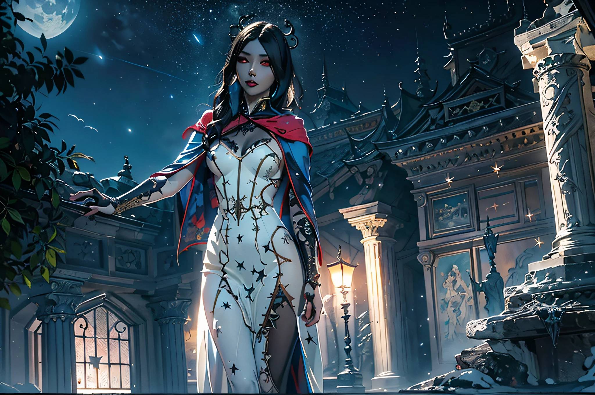 a picture of an exquisite beautiful female vampire standing under the starry night sky on the porch of her castle, dynamic angle (ultra detailed, Masterpiece, best quality), ultra detailed face (ultra detailed, Masterpiece, best quality), ultra feminine, (black skin: 1.3), black hair, wavy hair, dynamic eyes color, cold eyes, glowing eyes, intense eyes, dark red lips, [fangs], wearing white dress (ultra detailed, Masterpiece, best quality), wearing blue cloak (ultra detailed, Masterpiece, best quality), long cloak, flowing cloak (ultra detailed, Masterpiece, best quality), wearing high heeled boots, sky full of stars background, moon, bats flying about, high details, best quality, 8k, [ultra detailed], masterpiece, best quality, (ultra detailed), full body, ultra wide shot, photorealism, dark fantasy art, dark fantasy art, gothic art, many stars, dark fantasy art, gothic art, sense of dread,