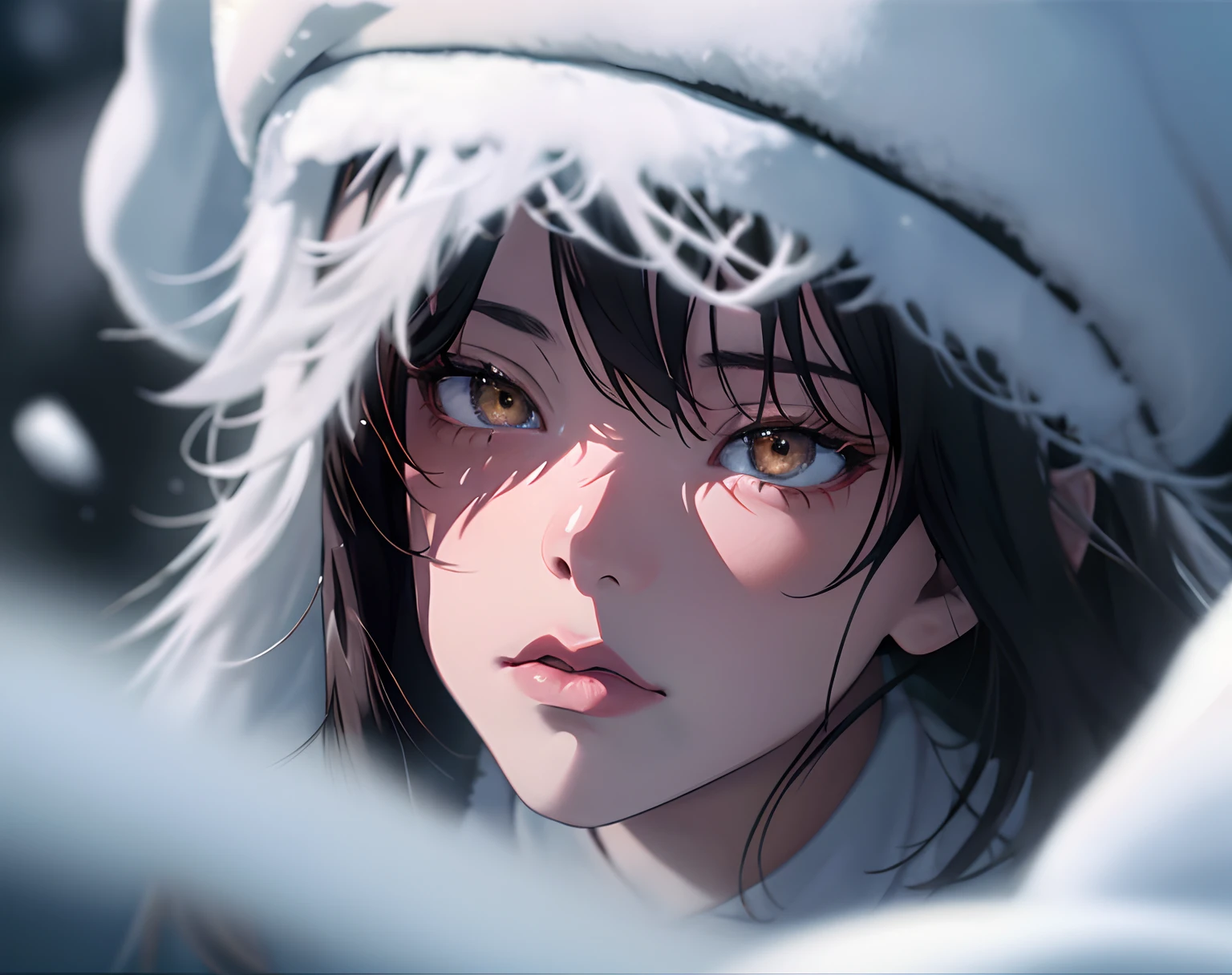 (best quality, masterpiece), 1girl, upper body,  anime key visual, medium wide shot of a Hesitant [Pig:Mick Jagger:5], Snowy, shallow depth of field, Movie still, Rusticcore, Circular polarizer