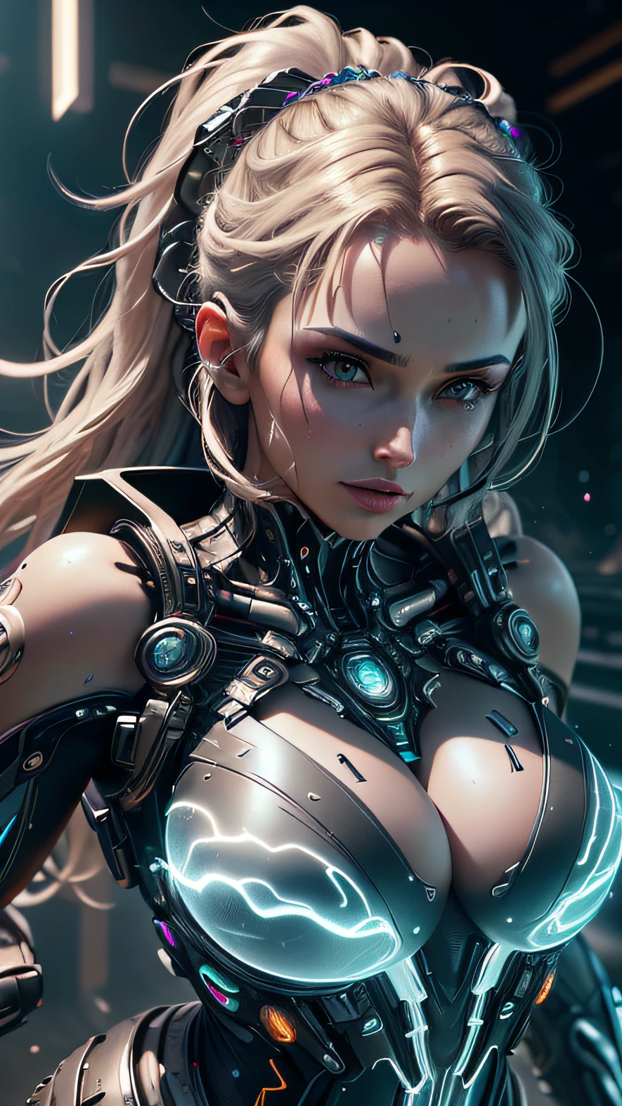((Best quality)), ((masterpiece)), (detailed:1.4), 3D, an image of a beautiful cyberpunk female with thick voluminous hair,light particles, pure energy chaos antitech,HDR (High Dynamic Range),Ray Tracing,NVIDIA RTX,Super-Resolution,Unreal 5,Subsurface scattering,PBR Texturing,Post-processing,Anisotropic Filtering,Depth-of-field,Maximum clarity and sharpness,Multi-layered textures,Albedo and Specular maps,Surface shading,Accurate simulation of light-material interaction,Perfect proportions,Octane Render,Two-tone lighting,Wide aperture,Low ISO,White balance,Rule of thirds,8K RAW