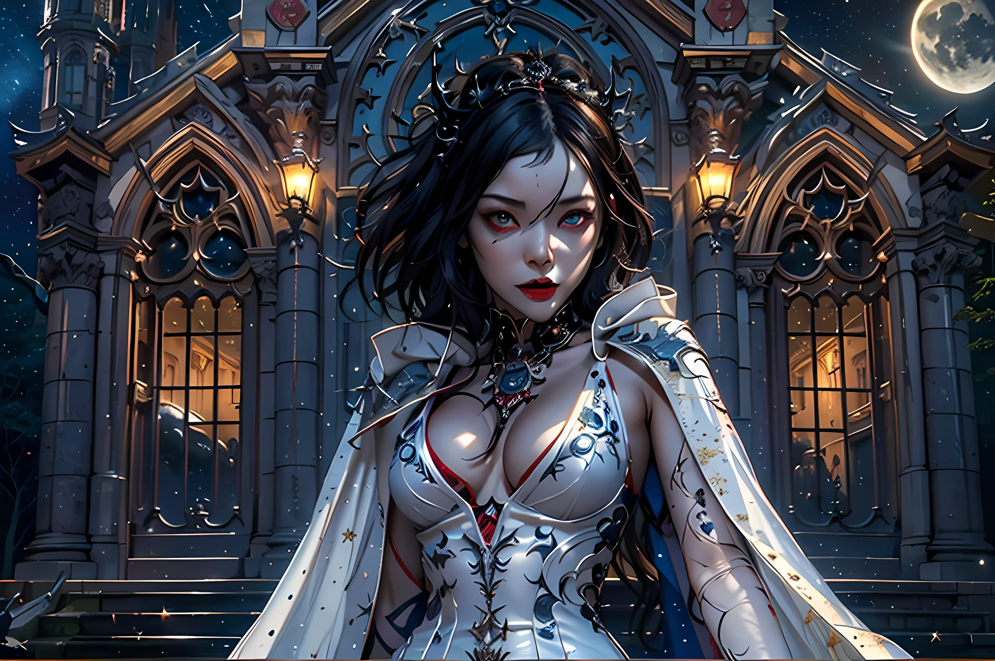 a picture of an exquisite beautiful female vampire standing under the starry night sky on the porch of her castle, dynamic angle (ultra detailed, Masterpiece, best quality), ultra detailed face (ultra detailed, Masterpiece, best quality), ultra feminine, (black skin: 1.3), black hair, wavy hair, dynamic eyes color, cold eyes, glowing eyes, intense eyes, dark red lips, [fangs], wearing white dress (ultra detailed, Masterpiece, best quality), wearing blue cloak (ultra detailed, Masterpiece, best quality), long cloak, flowing cloak (ultra detailed, Masterpiece, best quality), wearing high heeled boots, sky full of stars background, moon, bats flying about, high details, best quality, 8k, [ultra detailed], masterpiece, best quality, (ultra detailed), full body, ultra wide shot, photorealism, dark fantasy art, dark fantasy art, gothic art, many stars, dark fantasy art, gothic art, sense of dread,