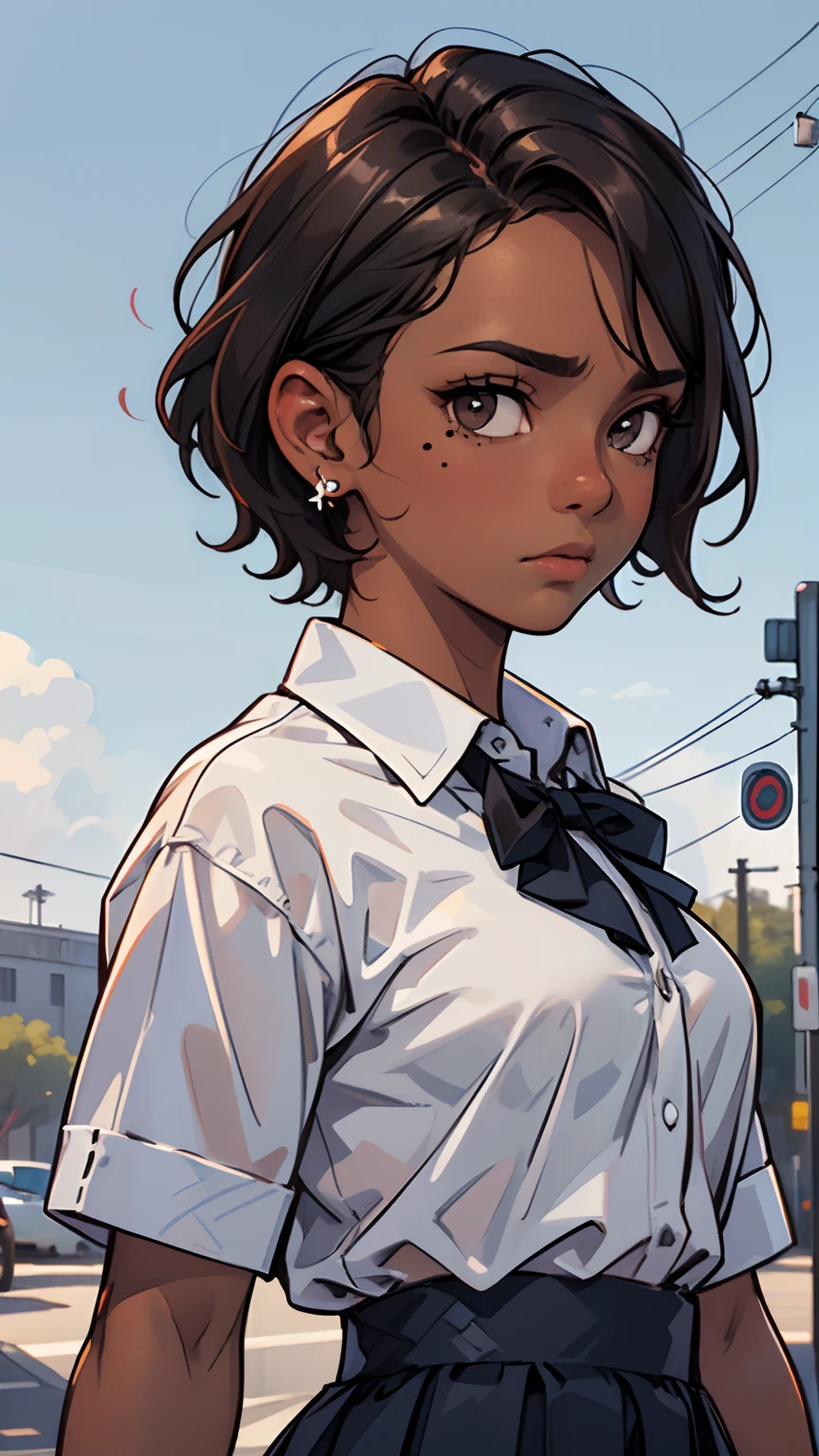 1 girl, (dark brown skin tone:1.4), very short hair, black eyes colour, mole down the right eye, School girl outfit, Cold expression, depressed, dominant aura, (high quality, masterpiece, extremely detailed:1.2), (Realistic, photorealistic:1.2)