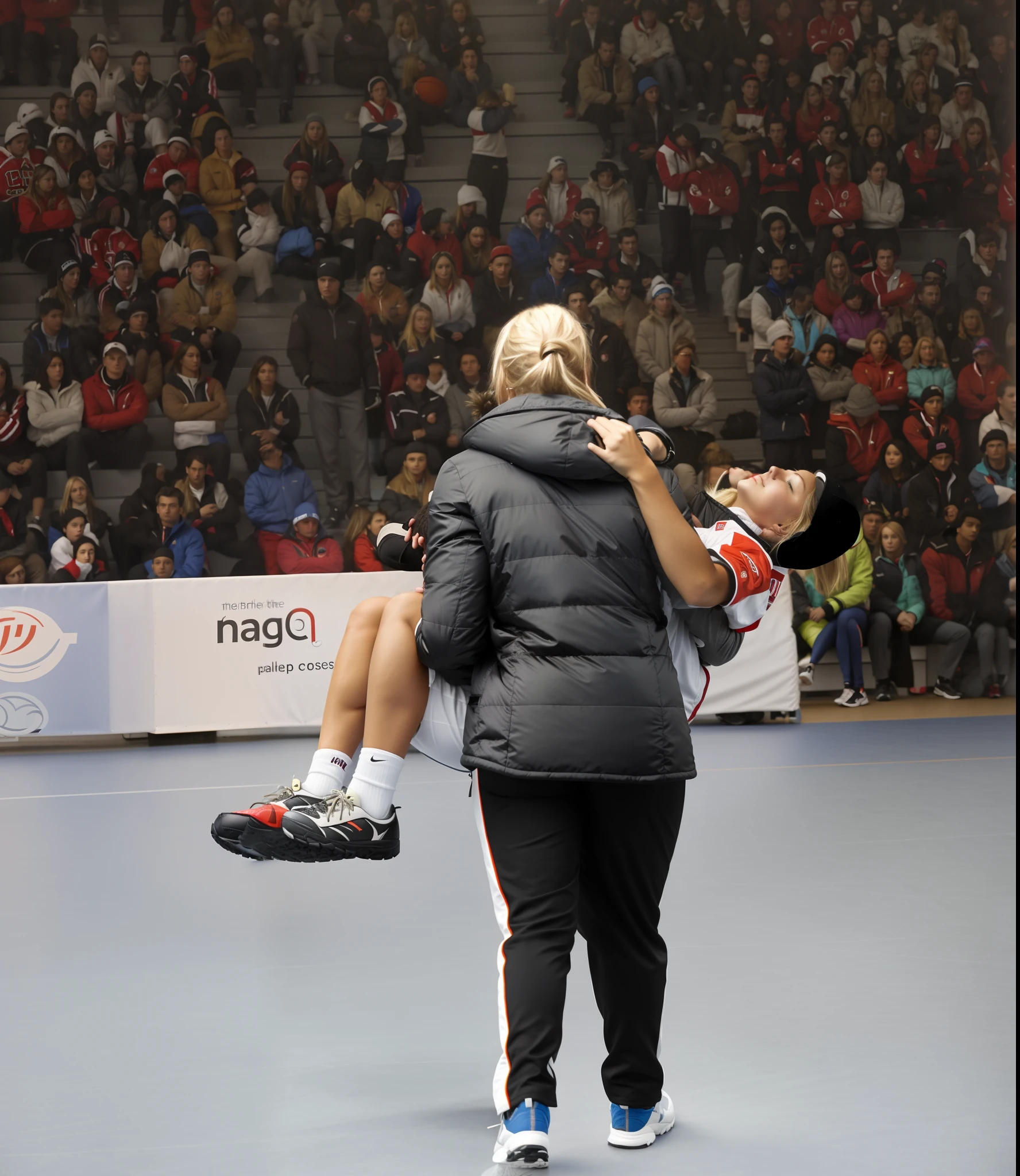 In the center of the picture stands with her back to us a blonde young woman in a very shiny black quilted coat, the woman in the black quilted coat stands on the playing field of a crowded sports hall, the woman in the shiny quilted coat turns her back to us and is holding a man in front of her in short and very dull sportswear in her arms, the blonde woman in the quilted coat carries an injured athlete away from us, to the left of the blonde woman's back you can see the athlete's male legs hanging over the woman's arm, to the right of the blonde woman's back you can see In profile you can see the upper body and head of the injured man whose gaze is distorted in pain and directed upwards towards the ceiling, the athlete's husband on the right grabs the blonde woman's shoulder with his arm, very painful scene, sports injury, severe pain, a woman is carrying one man on the arm, a man is injured and has to be carried, compassion, photo, ultra-realistic shot, sports photography