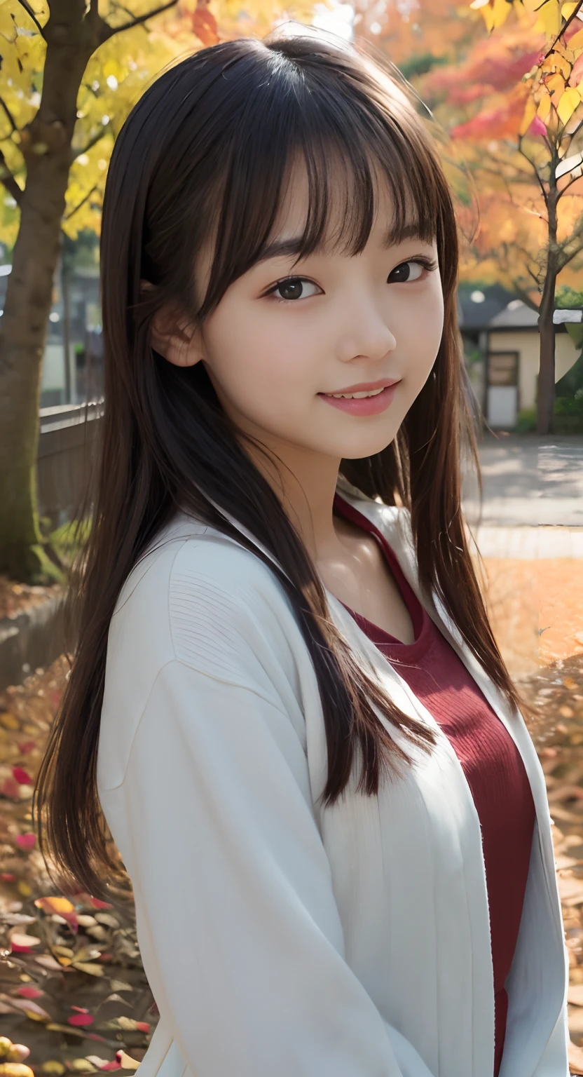 (top-quality、masterpiece:1.2)、Best Quality、realisitic、photoshot、hight resolution、1080p、8K、Textured skin、Physical Rendering、1 Japan Girls、a junior high school student、kawaii、Young Face、Rolled hair、(Autumn outfit:1.5)、Colored leaves、full of shyness、smil、Big