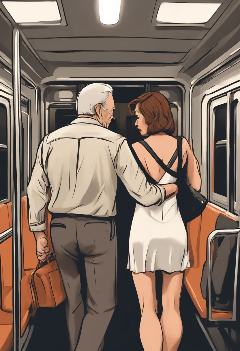 SFW, Realistic, masutepiece, (VERY crowded subway train interior detailed scenario), (VERY crowded subway train interior detailed background), Insanely hot standing (woman 1) Use sexy ((Mini dress)), (((lift dress)), ((Big ass)), ((thick thighs)), ((3/4 White stockings)), (fear expression), blushed face, old small man ass groping woman 1 from behind,(((Old man pressing chest on the back of woman 1))) And (((holding her waist behind her))), Against the butt check of the hand-groping of the subway door