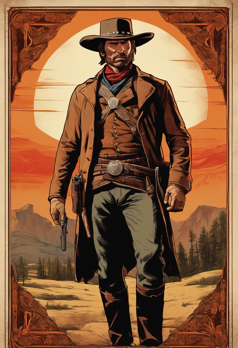 Full body picture of A dangerous outlaw gunslinger from Red Dead Redemption 2, detailed portrait, vintage illustration, high-res, realistic colors, intricate drawing, vibrant colors, dramatic lighting, full body shot, nothing but clean sheven on face, full body from feet to top. a American eastern 1899 forest cabin background, with grass and many many trees,cigarette card
