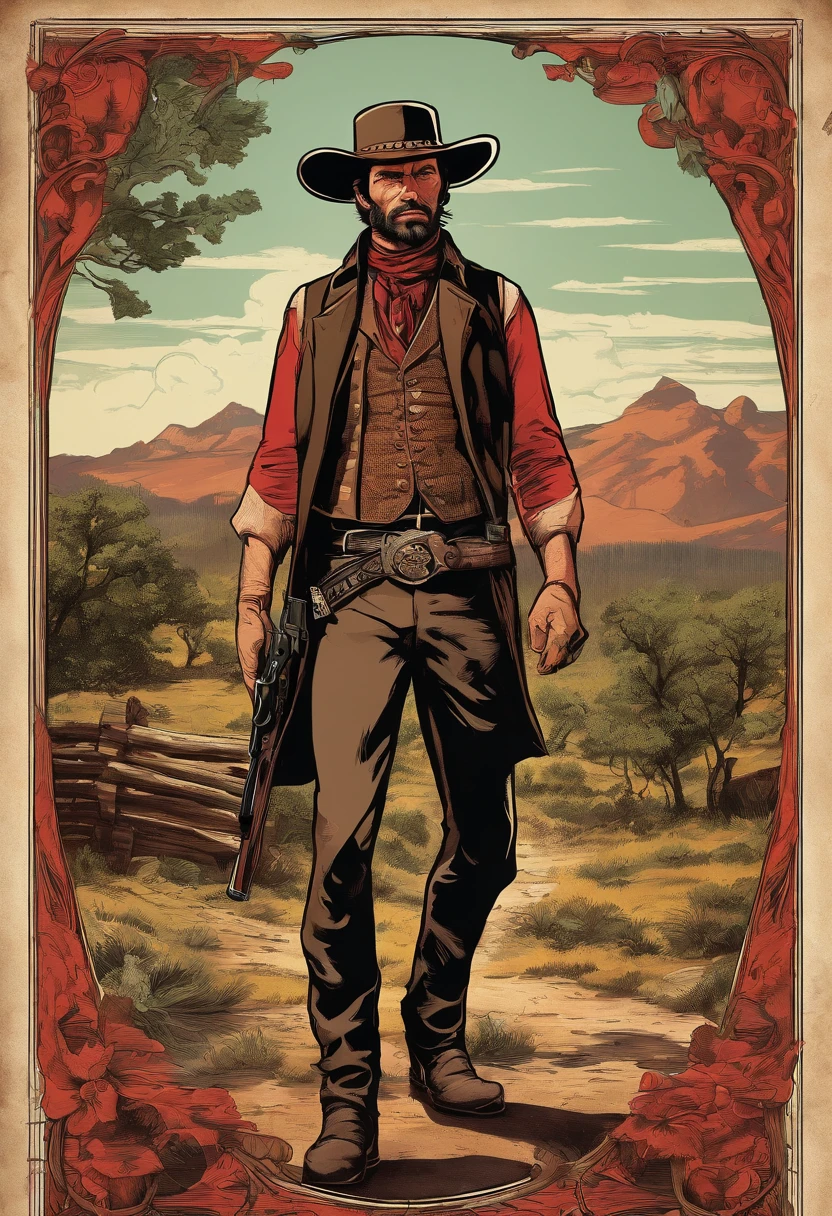 Full body picture of  A dangerous outlaw gunslinger from Red Dead Redemption 2, detailed portrait, vintage illustration, high-res, realistic colors, intricate drawing, vibrant colors, dramatic lighting, full body shot, nothing but clean sheven on face, full body from feet to top. a American eastern 1899 forest cabin background, with grass and many many trees,cigarette card