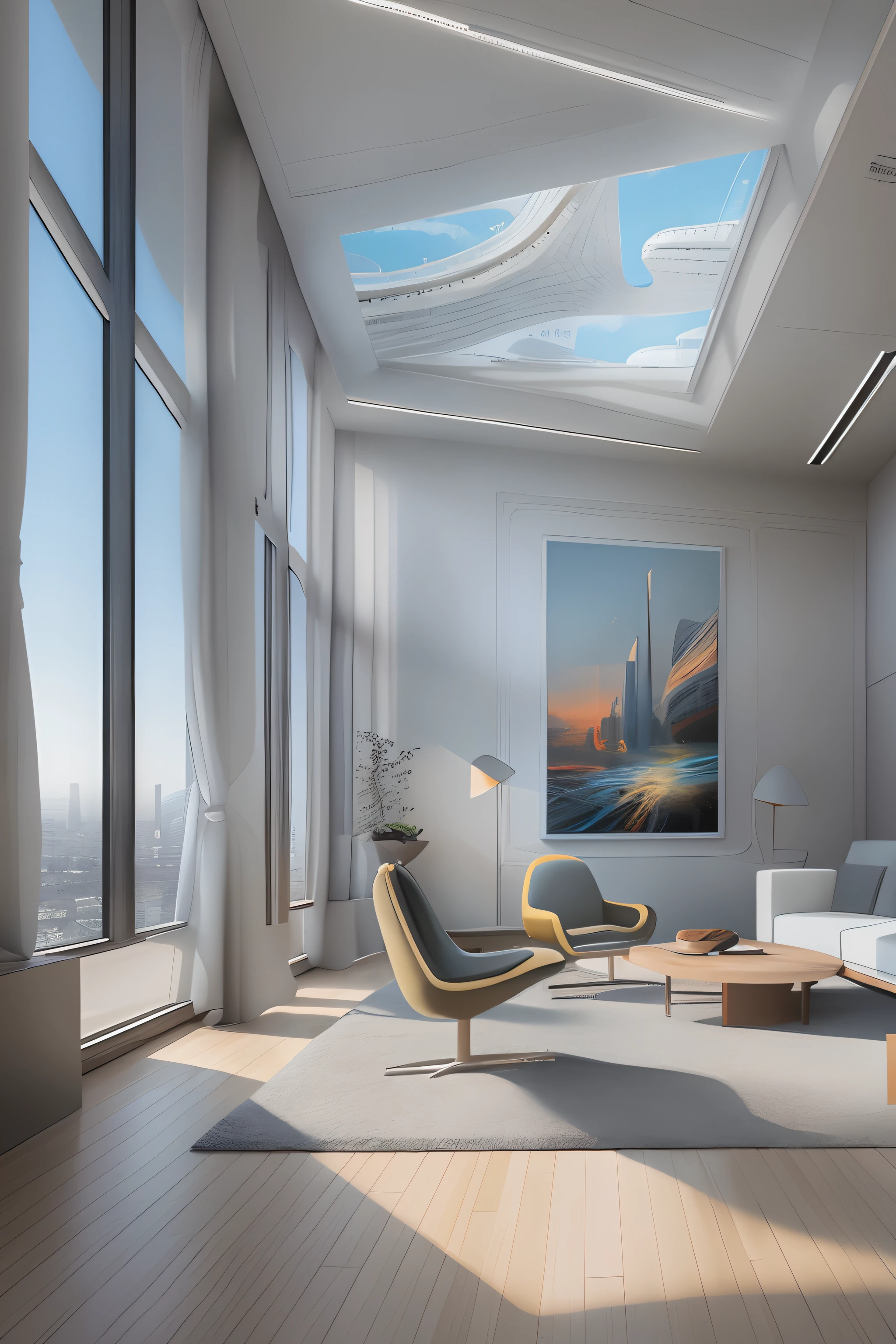 liveroom,There is a wall in the middle of the living room,The painting on the wall is in the middle, Paintings on the walls, skyscape, Large airy windows, Zaha Hadid and Santiago Calatrava landscape panoramic style, Fish, Clear light, Edge lighting, Perfect image, Building summary style, 16k UE5. superfine, 8K, hdr, Product photography, Depth of field, Nikon D850, Ultra-realistic, no contrast, clean sharp focus, professional, No blurring