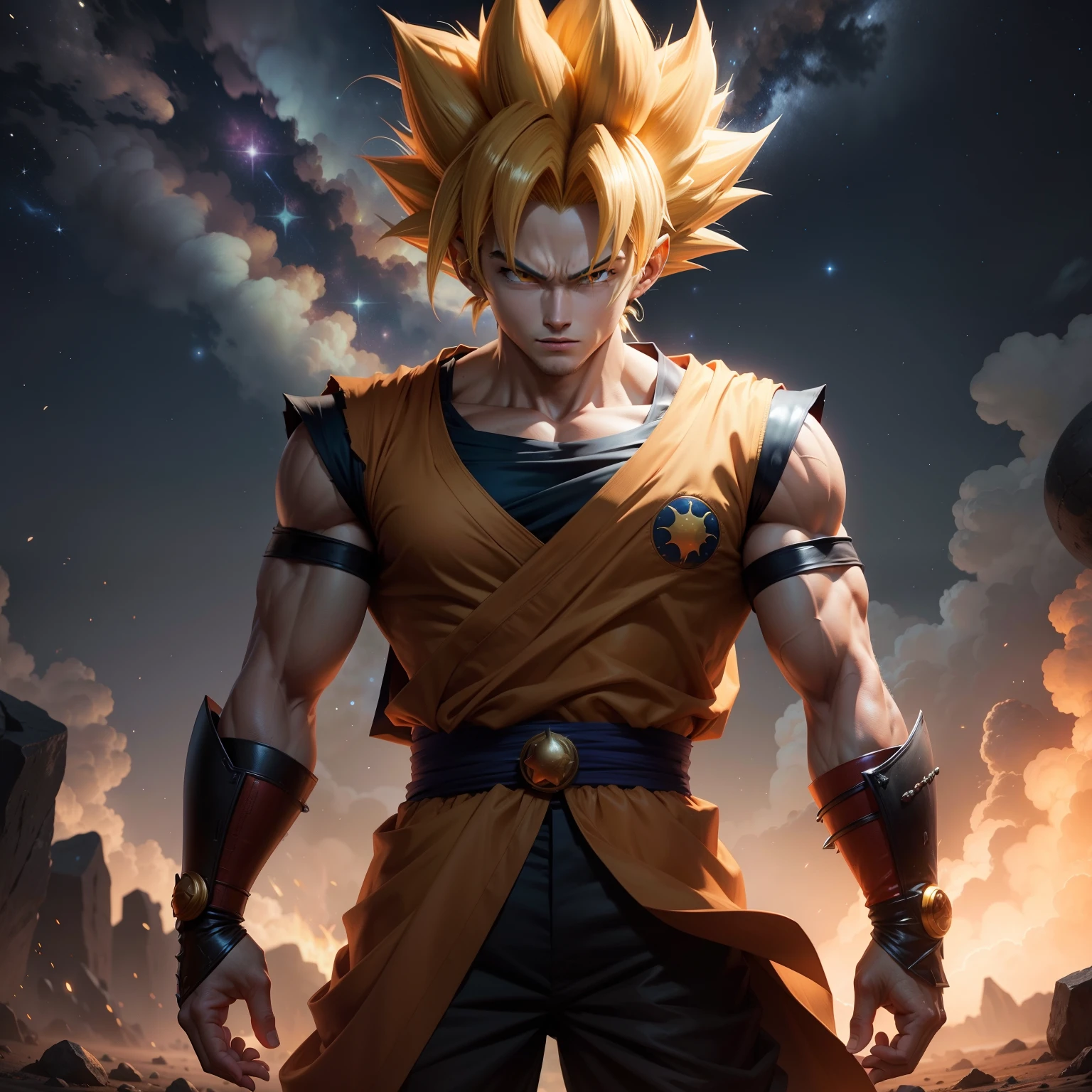 Goku Super Sayajin 4, male, starry night sky, planet Namek.