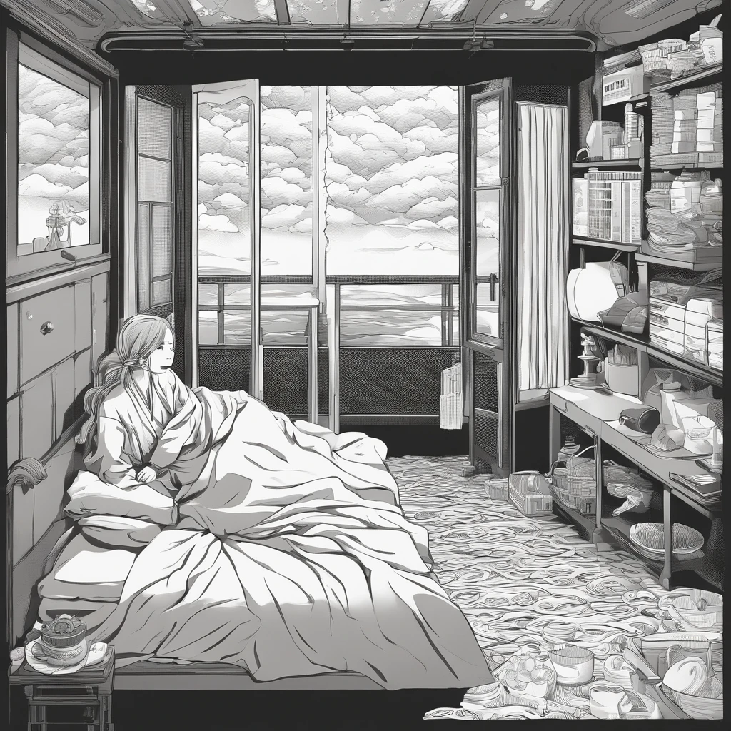 Severe strong winds and pouring rain、Woman's bedroom at night with a large bed with closed dirty curtains due to a large amount of rotting internal organs, seafood, Manure and vomit scattered in contaminated, white, cloudy sewage are crooked and flowing on the train floor.、Japan fat woman in her 20s holding umbrella、Contorting the face into a stench、Wearing a look of anguish、Spit out a large amount of food or internal organs through a wide open mouth