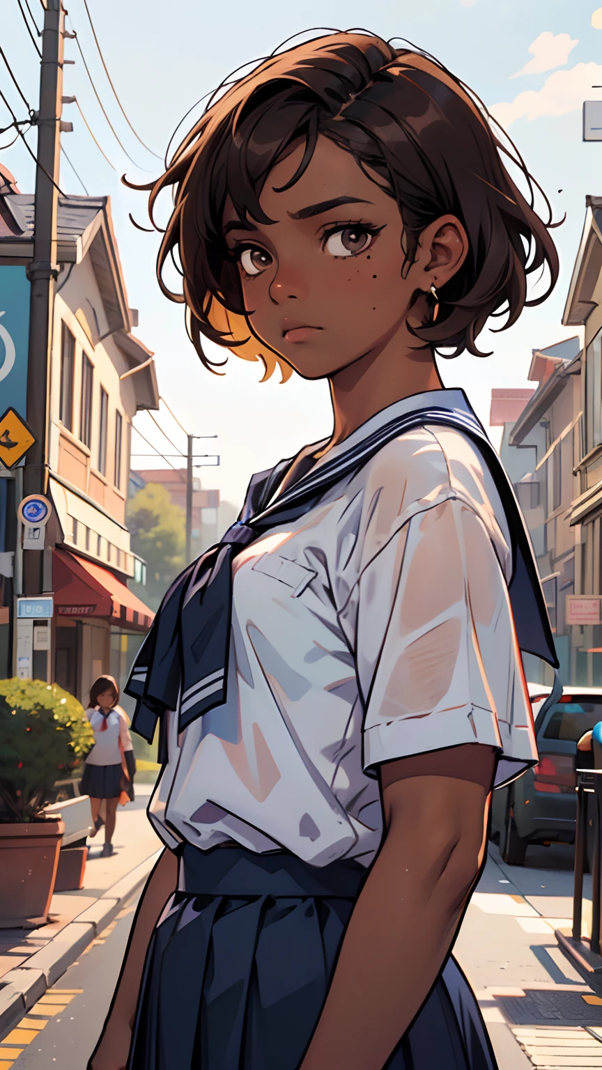 1 girl, (dark brown skin tone:1.4), very short hair, black eyes colour, mole down the right eye, School girl outfit, Cold expression, depressed, dominant aura, (high quality, masterpiece, extremely detailed:1.2), (Realistic, photorealistic:1.2)