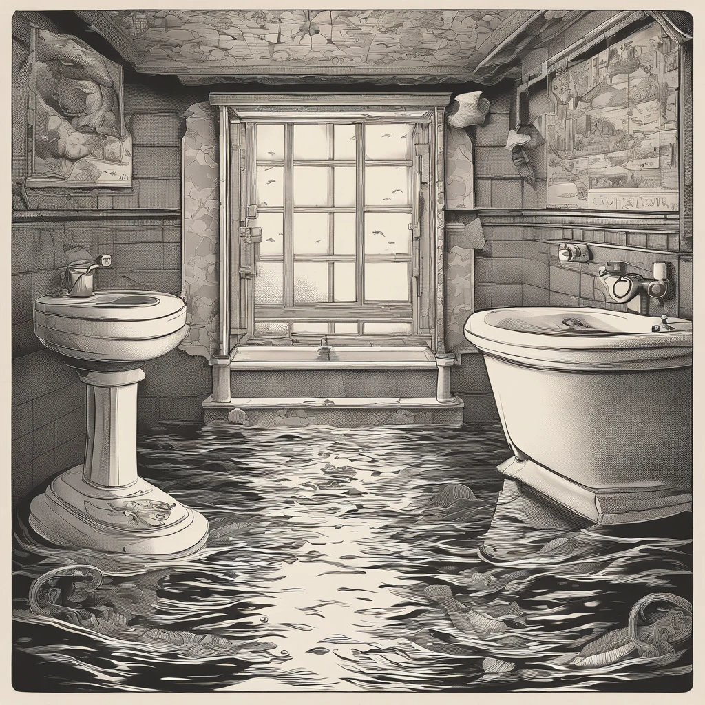 Old bathroom walls with dirty, peeling tiles and cracks、Dirty, cloudy turbid currents flowing and floors littered with rotten aquatic carcasses, food scraps and rotting seafood、A fat Japan woman in her 20s living in an abandoned house with a fat woman living in a tattered dirty clothes who hits a crustacean crawling out of the drain with a stick while vomiting and emitting a strange voice with a look of anguish on her face.