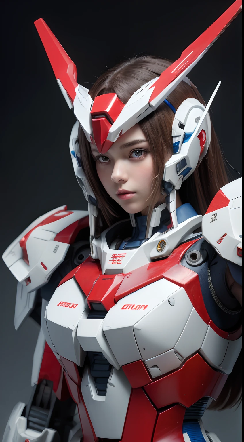 Textured skin, Super Detail, high details, High quality, Best Quality, hight resolution, 1080p, Gorgeous beauty、She wears a beautiful Gundam mecha(Gundam) Girl with robot body、Red, blue and white